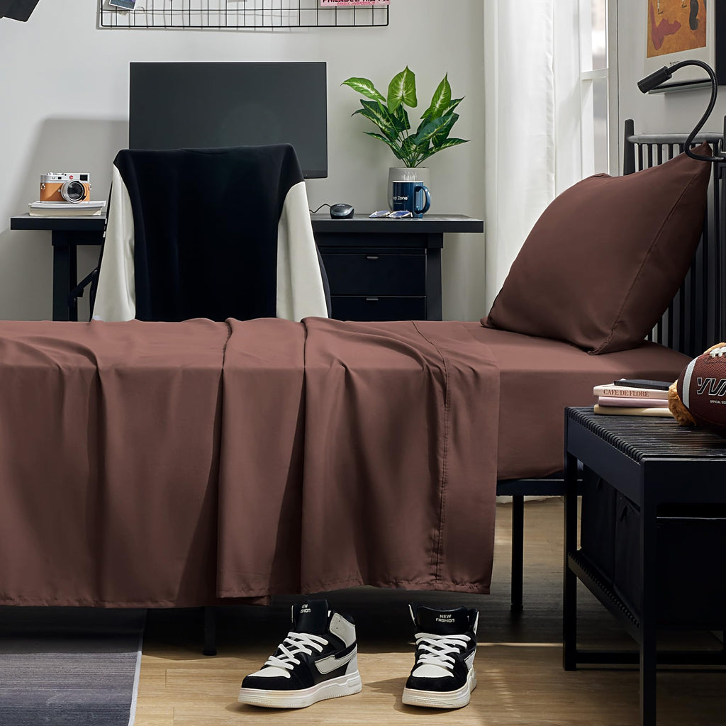 Sleep Zone Nanotex Super Soft Cooling Twin Bed Sheets Set For Kids 3 Piece - Easy Care Fitted Flat Sheet & Pillowcase Sets - Wrinkle Free, Fade Resistant, Deep Pocket 16' (Brown, Twin)