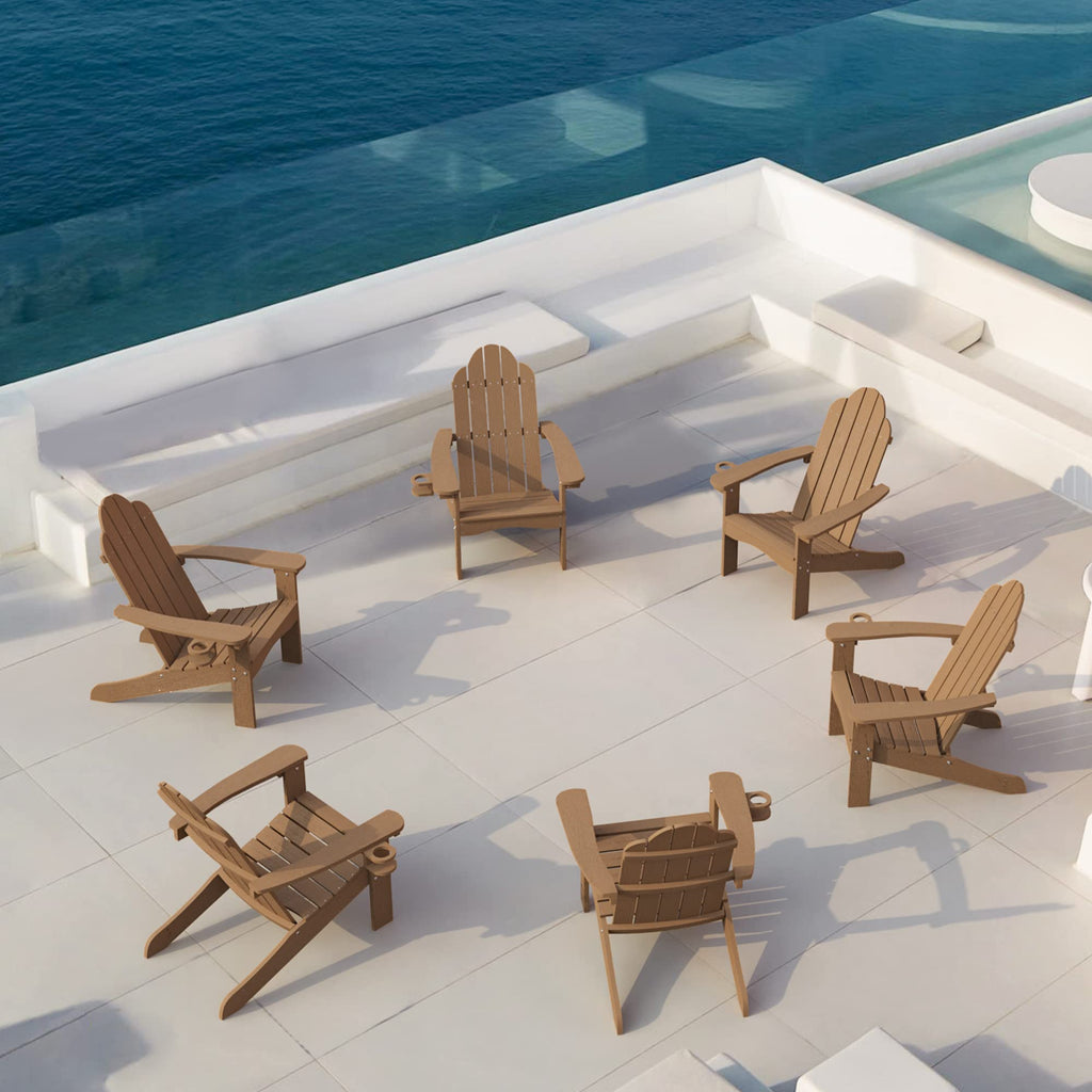 Lue Bona Poly Lumber Adirondack Chairs Set Of 6, Brown Adirondack Chairs With Cup Holder, 350Lbs Modern Adirondack Chair Weather Resistant, Plastic Patio Adirondack Chair For Fire Pit, Backyard