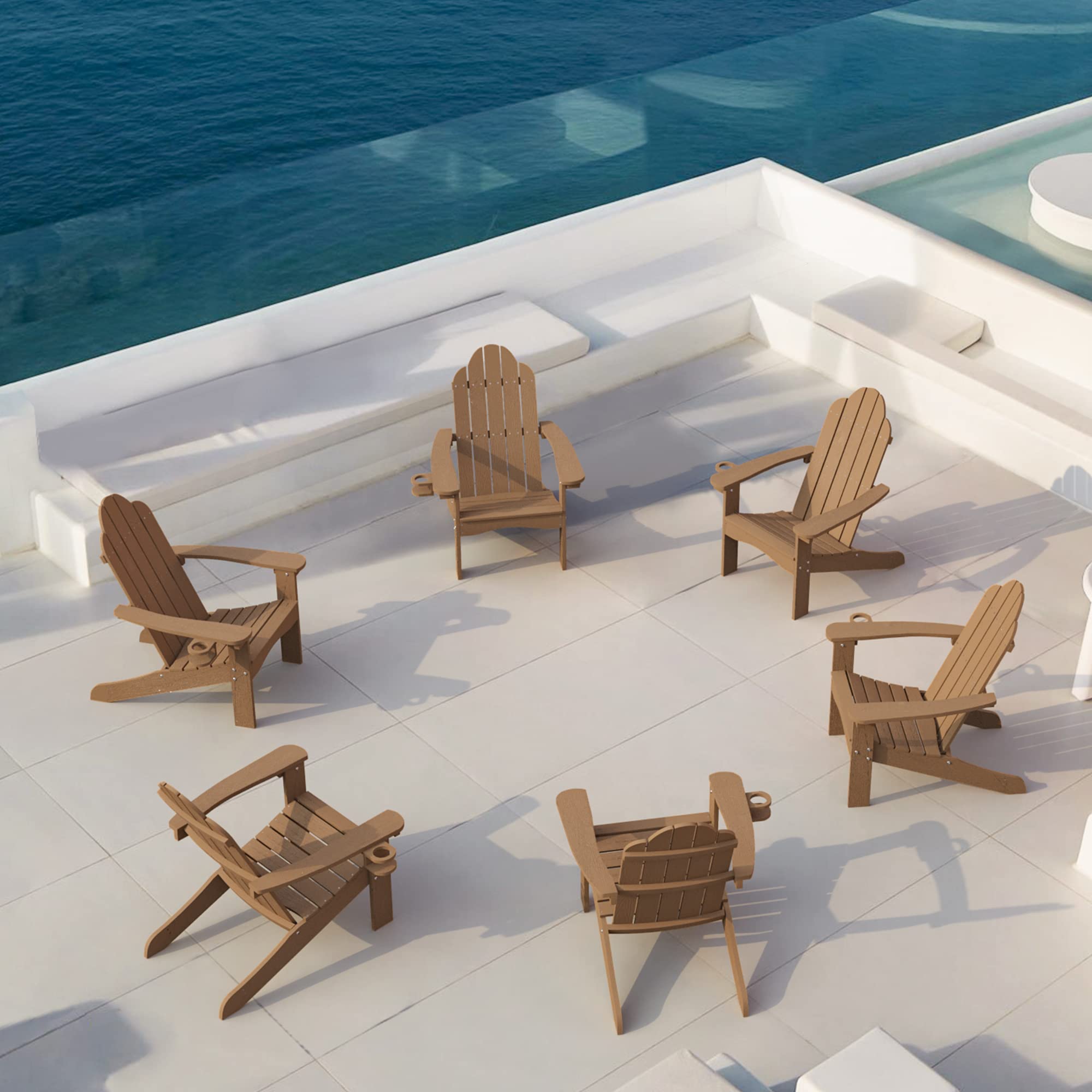 Lue Bona Poly Lumber Adirondack Chairs Set Of 6, Brown Adirondack Chairs With Cup Holder, 350Lbs Modern Adirondack Chair Weather Resistant, Plastic Patio Adirondack Chair For Fire Pit, Backyard