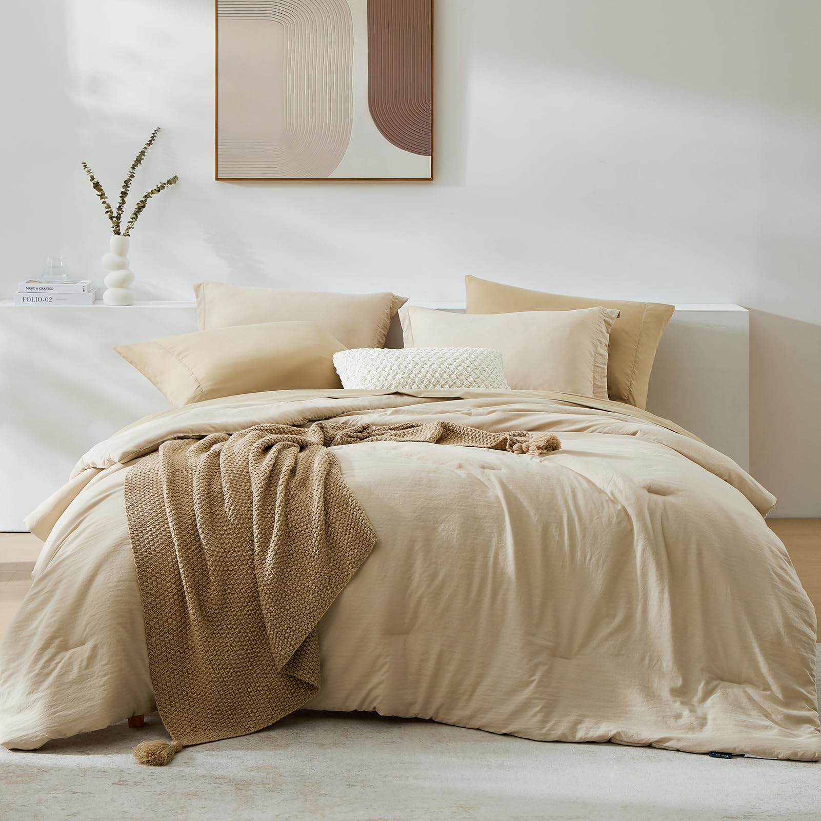 Wrensonge Beige Queen Comforter Set, 7 Pieces Soft Microfiber Comforters Queen Size With Fitted Sheet, Flat Sheet, 2 Pillow Sham