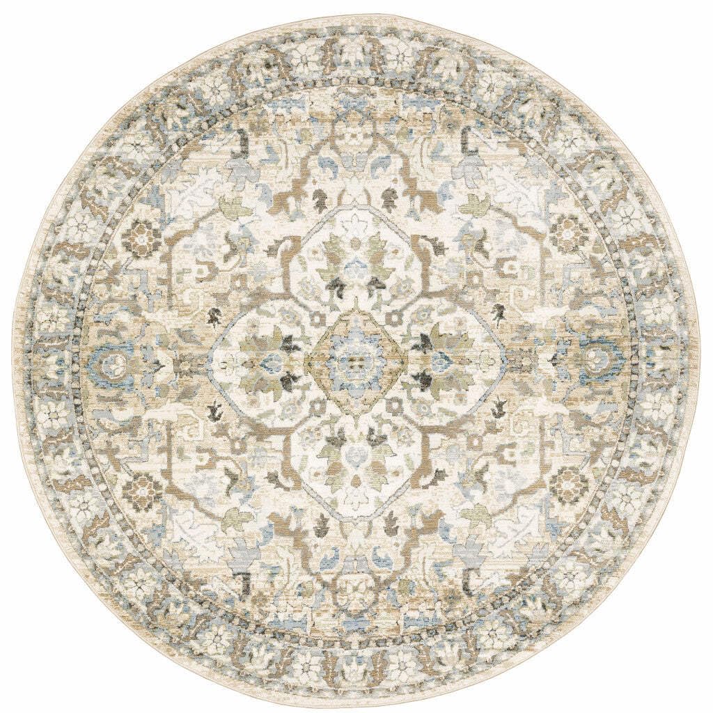 HomeRoots 510150 8 ft. Beige & Ivory Oriental Power Loom Stain Resistant Round Area Rug