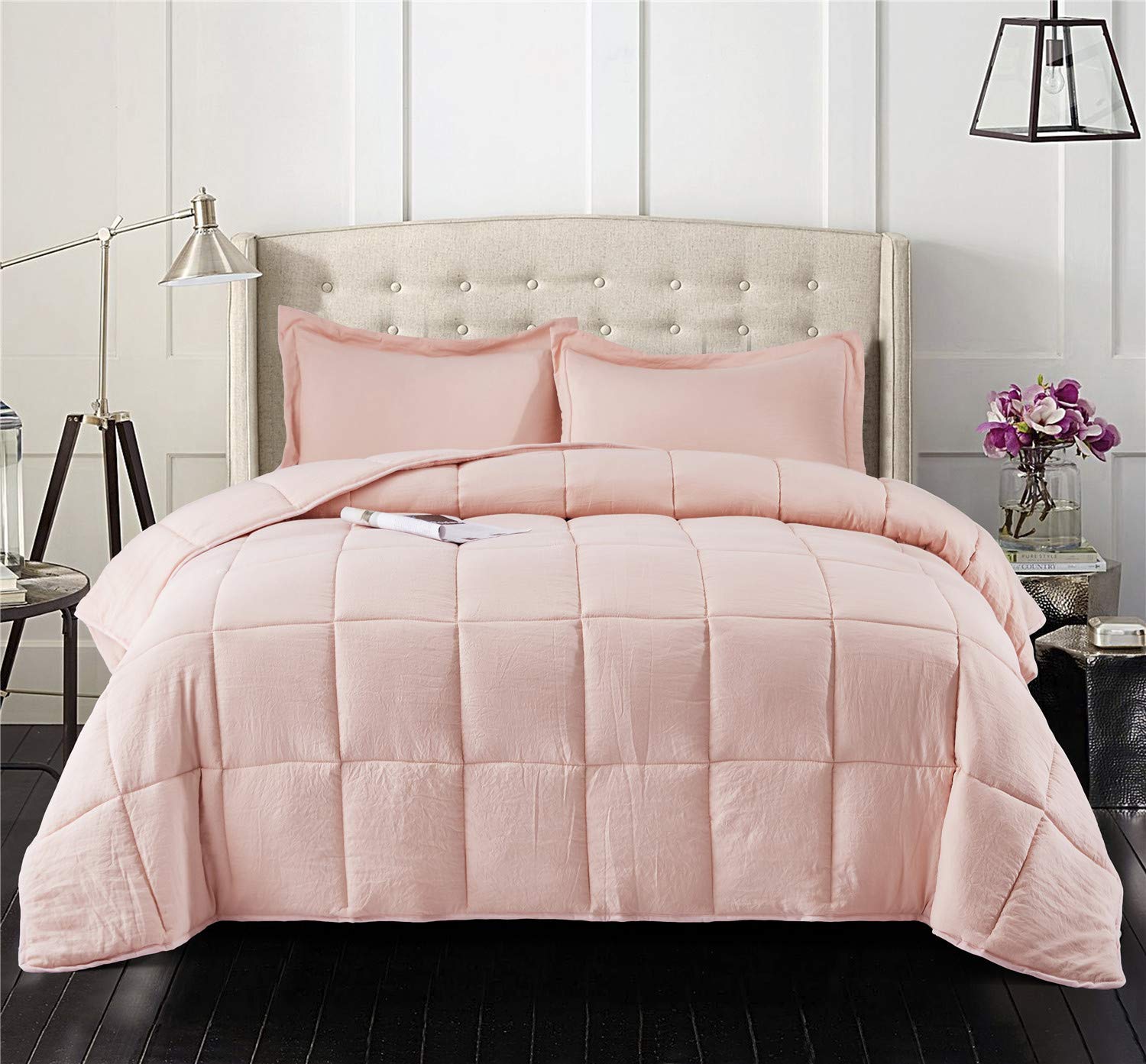 Hig 3Pc Down Alternative Comforter Set - All Season Reversible Comforter With Two Shams (King/Cal King, Pre-Washed Pink)