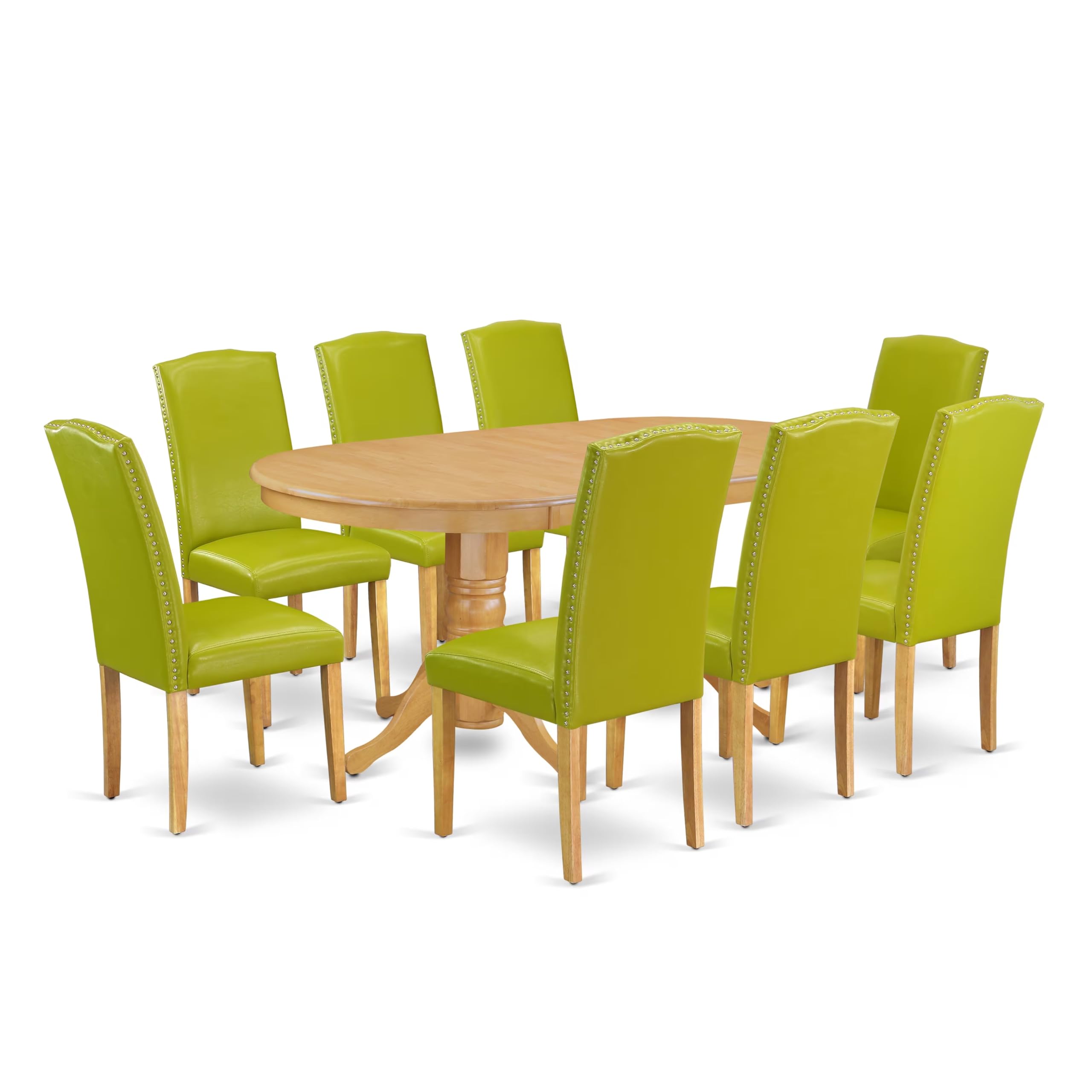 East West Furniture Vaen9-Oak-51 9 Piece Dining Set Includes An Oval Dining Room Table With Butterfly Leaf And 8 Autumn Green Faux Leather Upholstered Chairs, 40X76 Inch, Oak