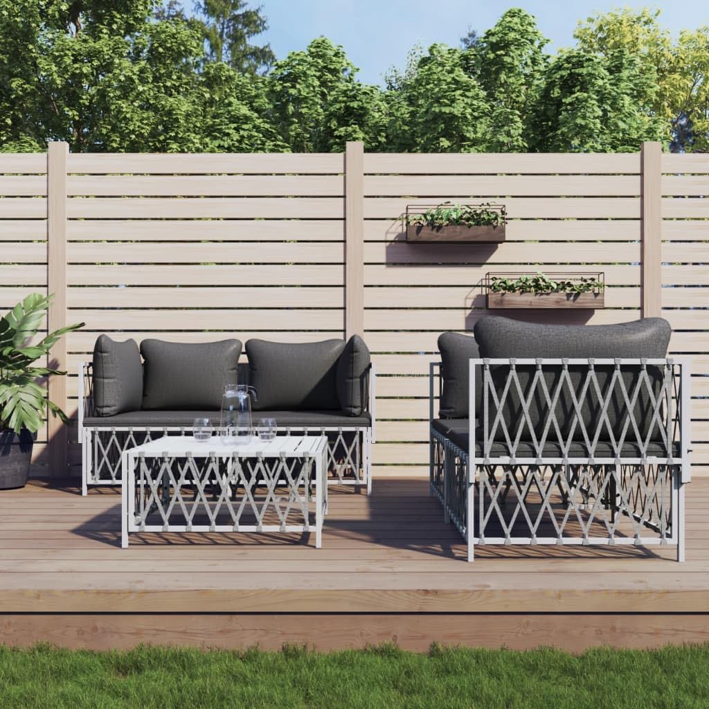 vidaXL 5-Piece Outdoor Lounge Set with Cushions - Modern Patio Furniture in White Steel, Includes Corner Sofa and Table - Easy Assembly, Modular Design