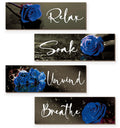 4 Pieces Blue Rose Bathroom Wall Decors Wall Art Wooden Flower Restroom Decor Royal Blue Decor Modern Breathe Wash Unwind Relax 