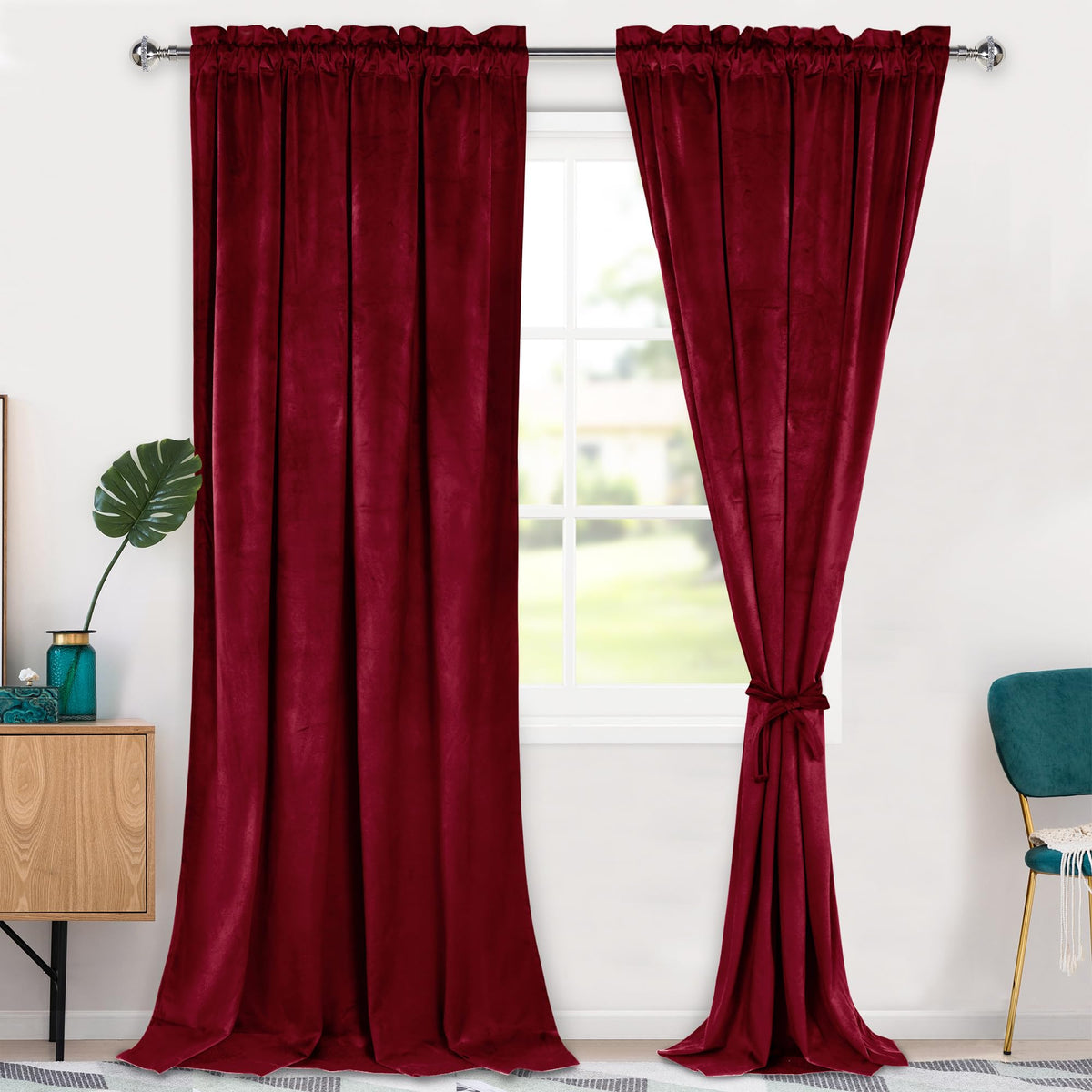 Hiasan Red Velvet Curtains 108 Inches-Blackout Thermal Insulated Solid Soft Curtains For Bedroom Living Room Rod Pocket Room Dar