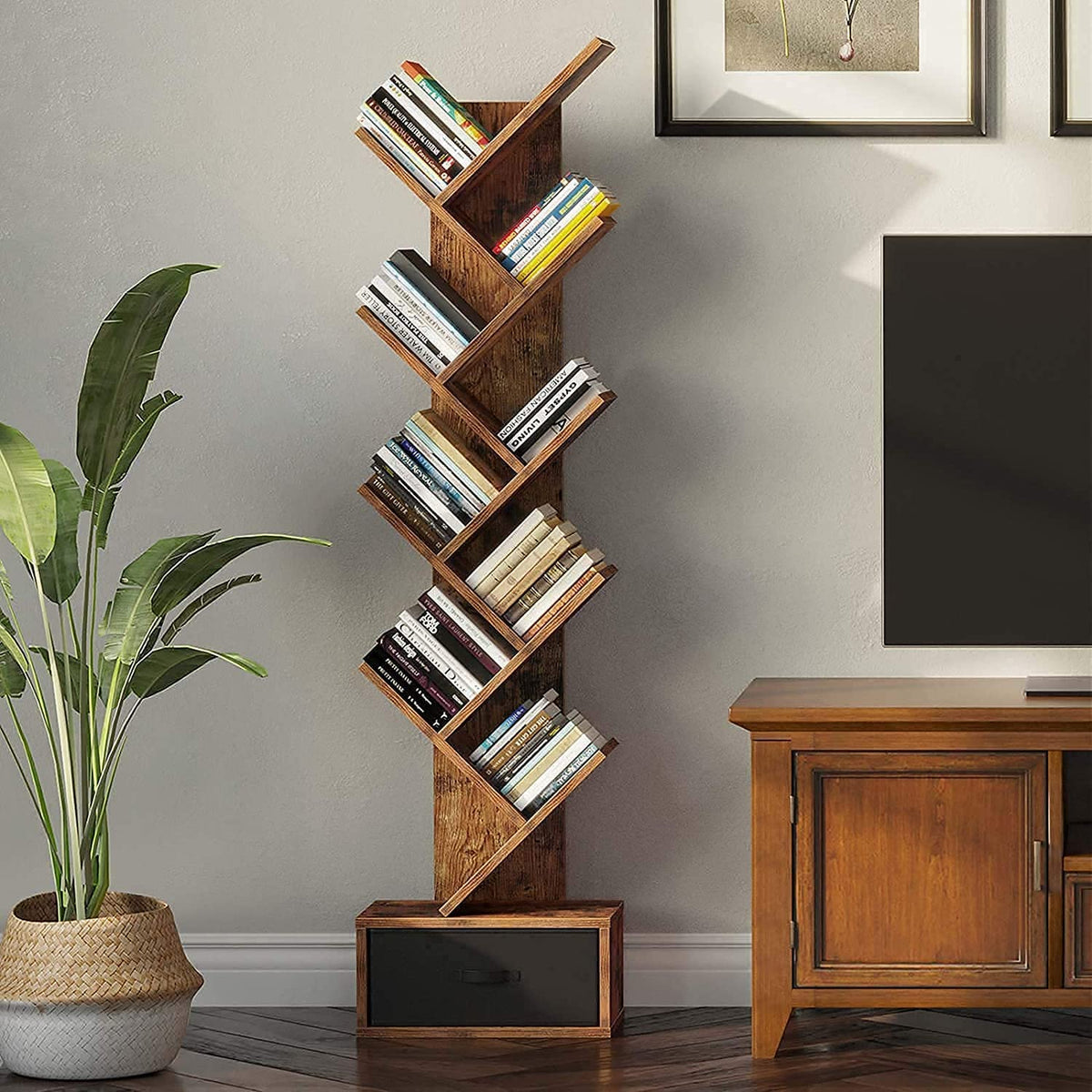 Ramdoot Furniture Sheesham Wood Book Shelf | Wooden Tree Shape Bookshelf | Free Standing Bookcase with Open 8 Shelf & One Drawer