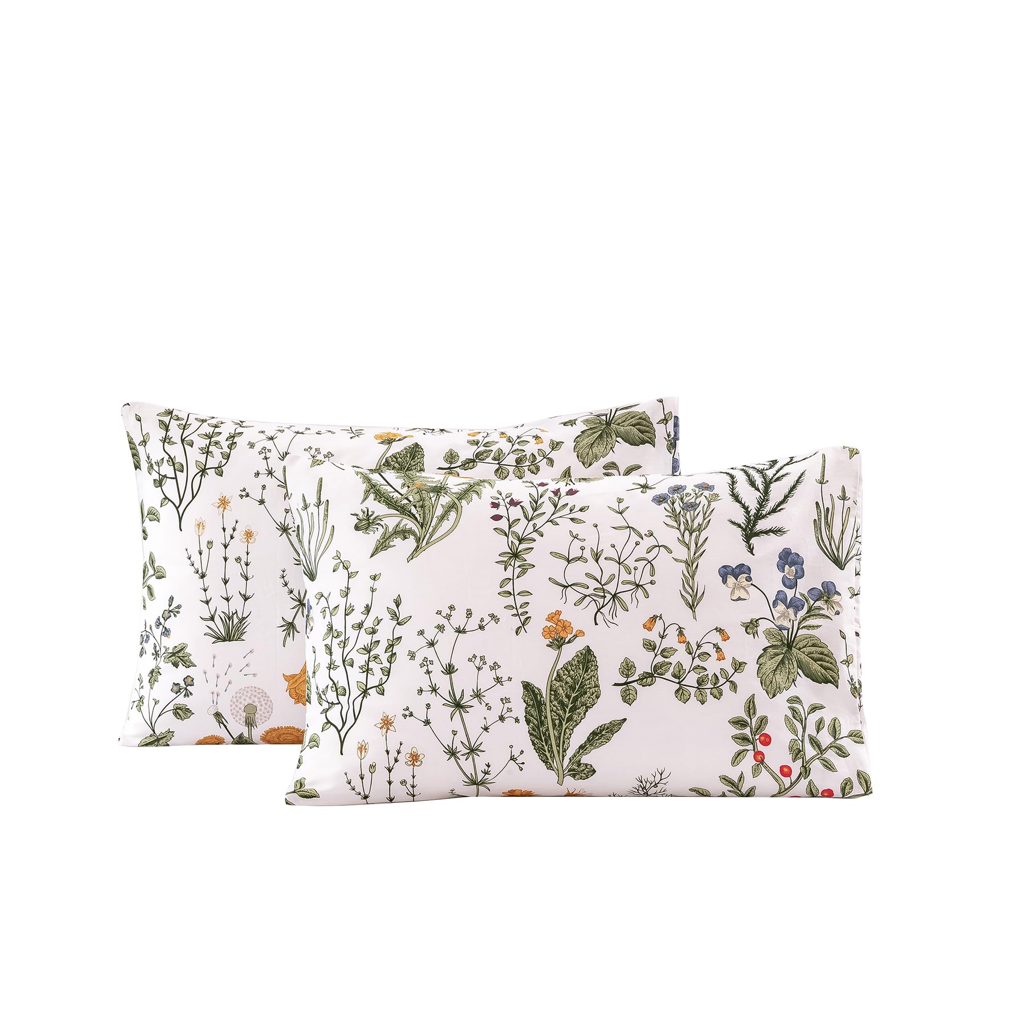 Ecocott 2 Pack Pillowcase Queen Size With Green Botanical Floral Leaves Pillow Cases Set, 100% Cotton Queen Pillow Covers Envelo