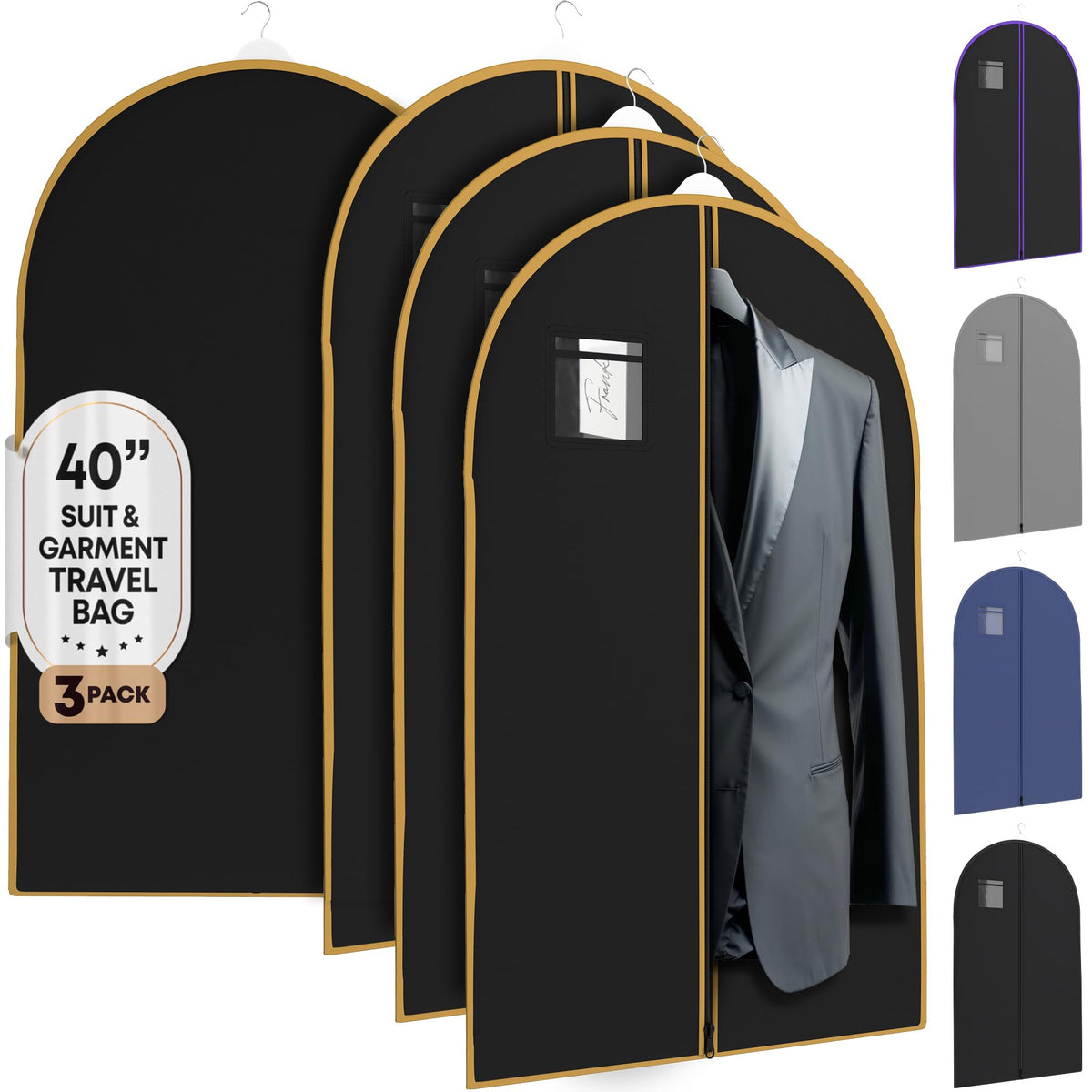 Your Bags Travel Garment Bag, Suit Bag, 40 x 24, Black/Gold (Pack of 3)