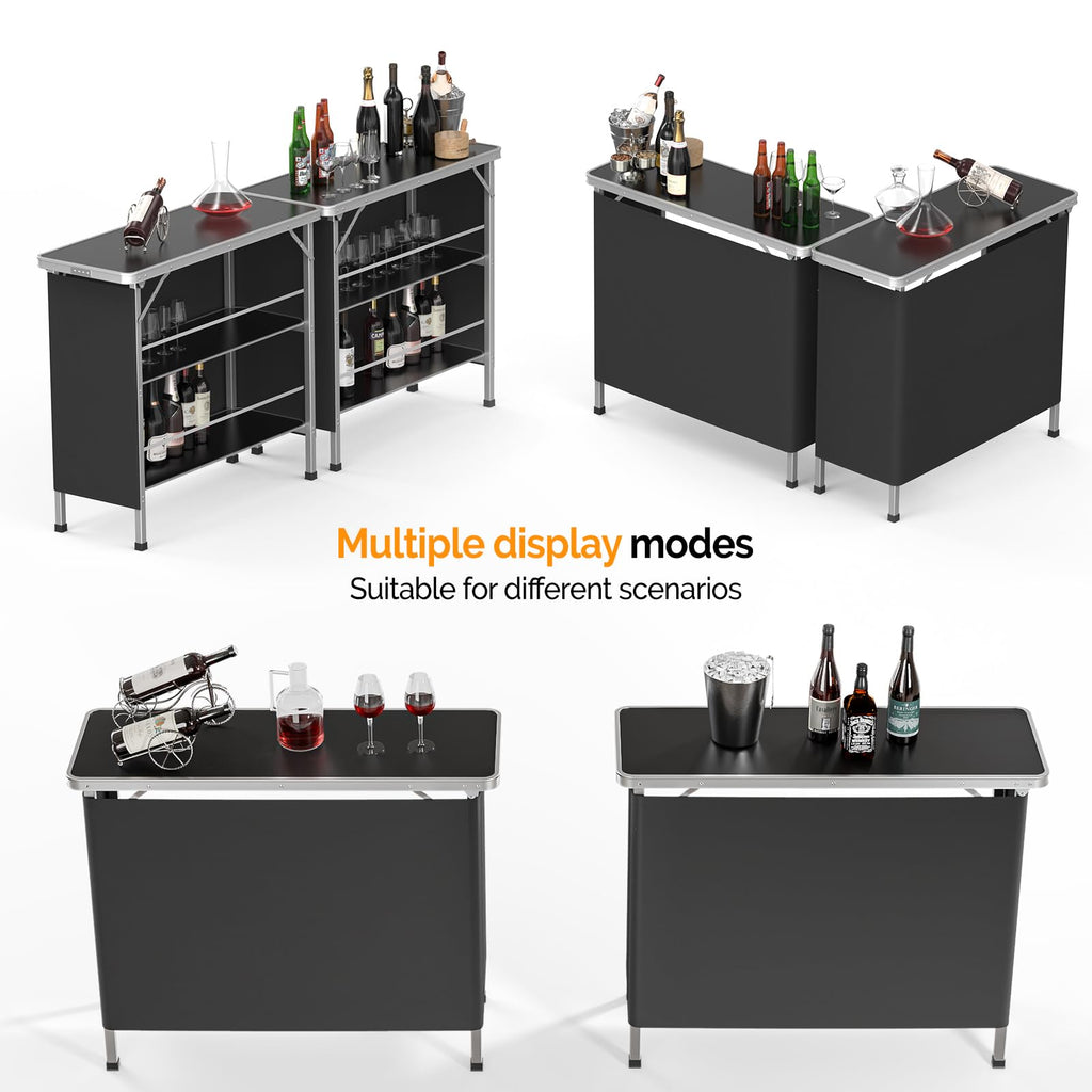 Vingli 43' Portable Bar Table, 3-Tier Shelves, Carry Bag,Mobile Bar Table For Events, Party, Camping, Picnic, Tradeshow, Outdoor & Indoor With Black Skirt(2, 43') (2) (Black-2P, 43')