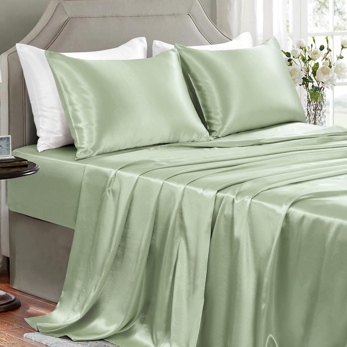 Golal Satin Sheets Queen Size - 4 Pieces Luxury Silky Soft Bed Sheets, Wrinkle-Free Sage Green Satin Silk Sheet Set With 1 Deep