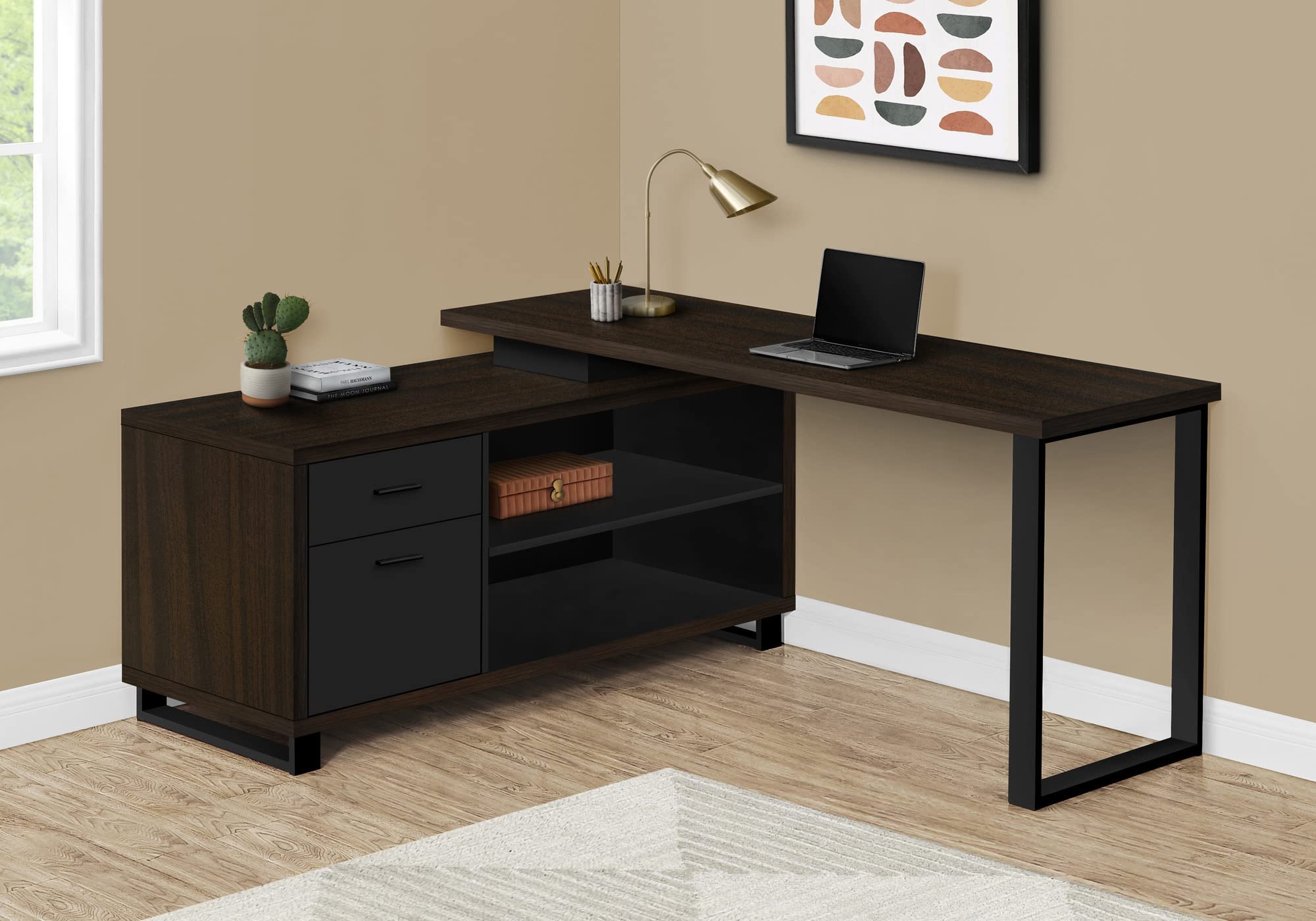 Monarch Specialties I 7710 Computer Desk, Home Office, Corner, Storage Drawers, 72' L, L Shape, Work, Laptop, Metal, Laminate, Brown, Black, Contemporary, Modern