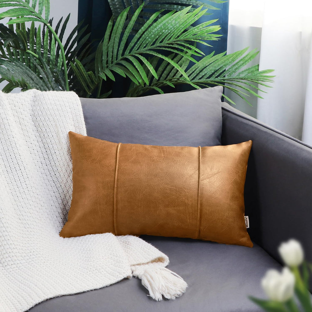 Brawarm Tan Leather Throw Pillow Covers 12 X 20 Inches - Faux Leather Lumbar Pillow Cover With Piping, Hand Stitched Leather Thr