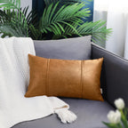 Brawarm Tan Leather Throw Pillow Covers 12 X 20 Inches - Faux Leather Lumbar Pillow Cover With Piping, Hand Stitched Leather Thr