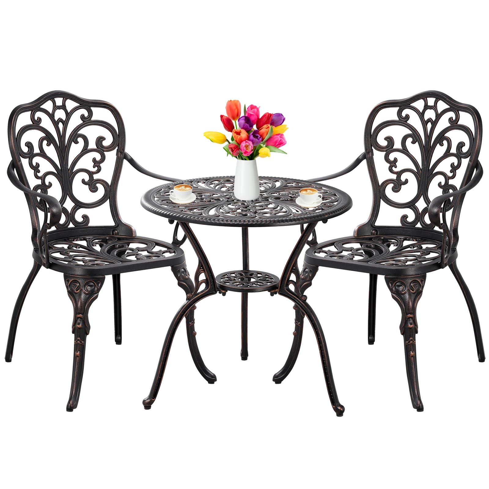 Withniture Outdoor Bistro Table And Chairs Set Of 2 Cast Aluminum Patio Bistro Set With Umbrella Hole, All Weather Bistro Table