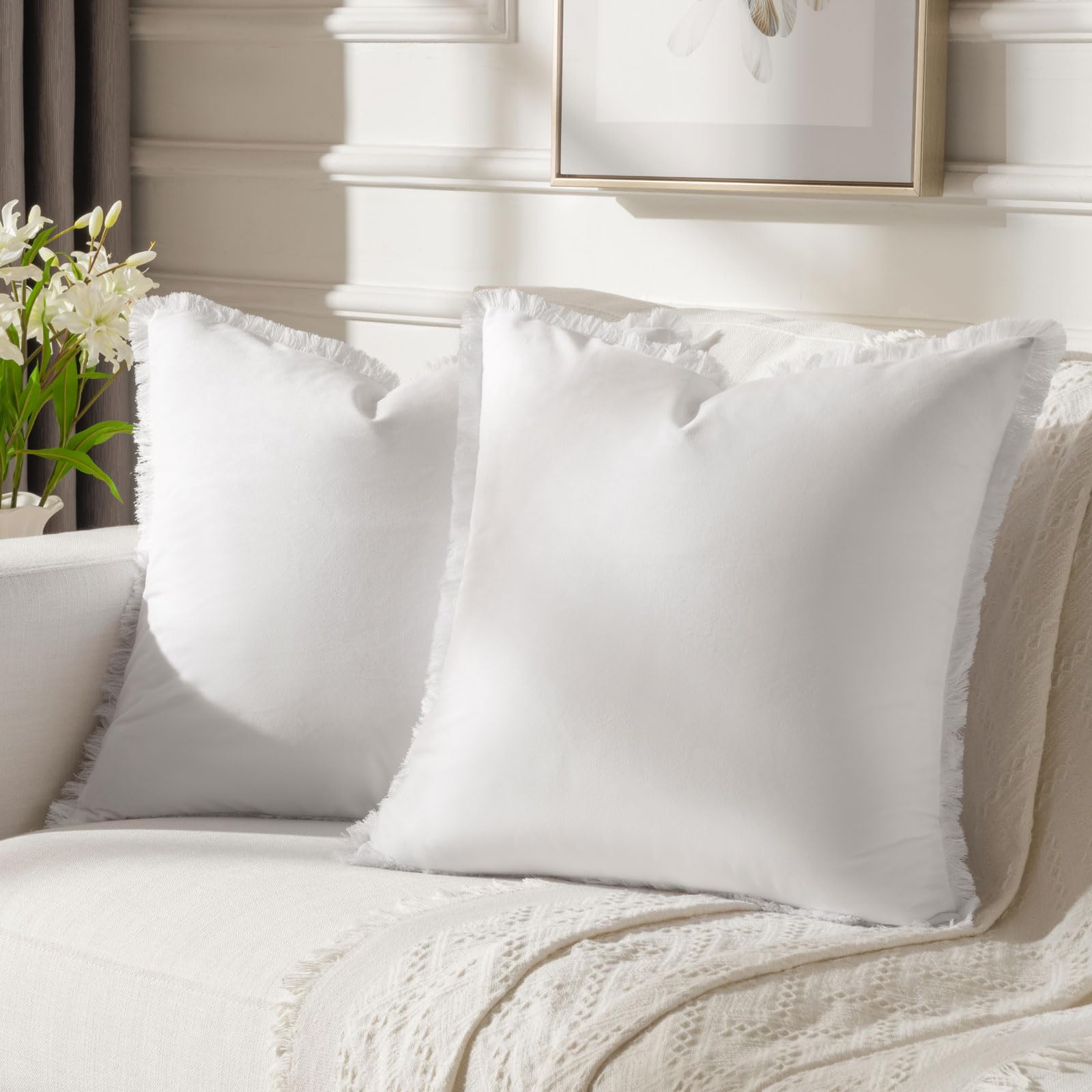 FUTEI Cream White Boho Throw Pillow Covers with Tassels 26x26 Inch Set of 2,Soft Velvet Decorative Euro Pillow Shams,Home Decor 