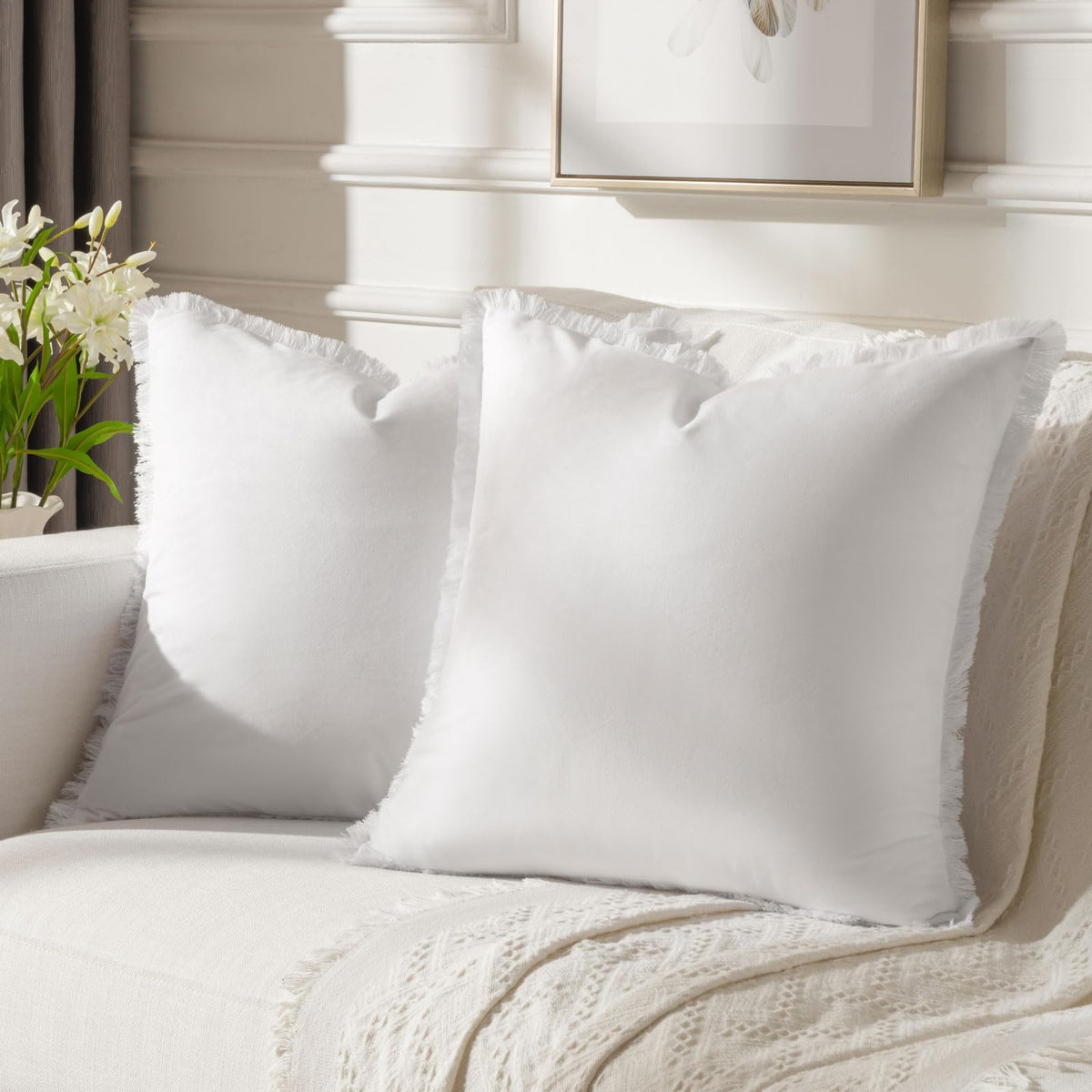 Futei Cream White Boho Throw Pillow Covers With Tassels 20X20 Inch Set Of 2,Soft Velvet Decorative Cushion Case,Home Decor For C