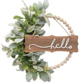 Winters Wreath for Front Door, Wood Bead Wreaths with Artificial Lambs Ears Leaves, Hello and Welcome Door Sign Wreath for Home 