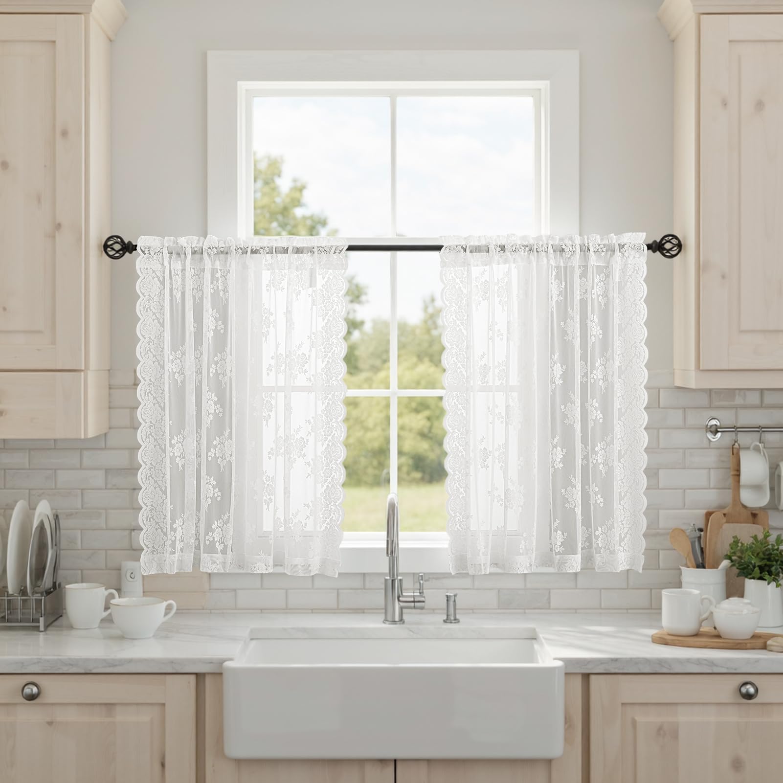 Kotile 30 Inch Lace Curtains Short 2 Panels Set, Country Rustic Floral Scalloped Lace Kitchen Window Curtains Over Sink, Rod Poc