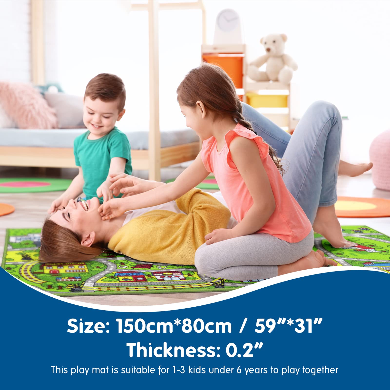 Booooom Jackson Kids Car Carpet Playmat Rug 60''X32'',Train Car Rug,Car Mat For Kids Toy Cars,City Kids Car Rug Play Mat,Non Sli