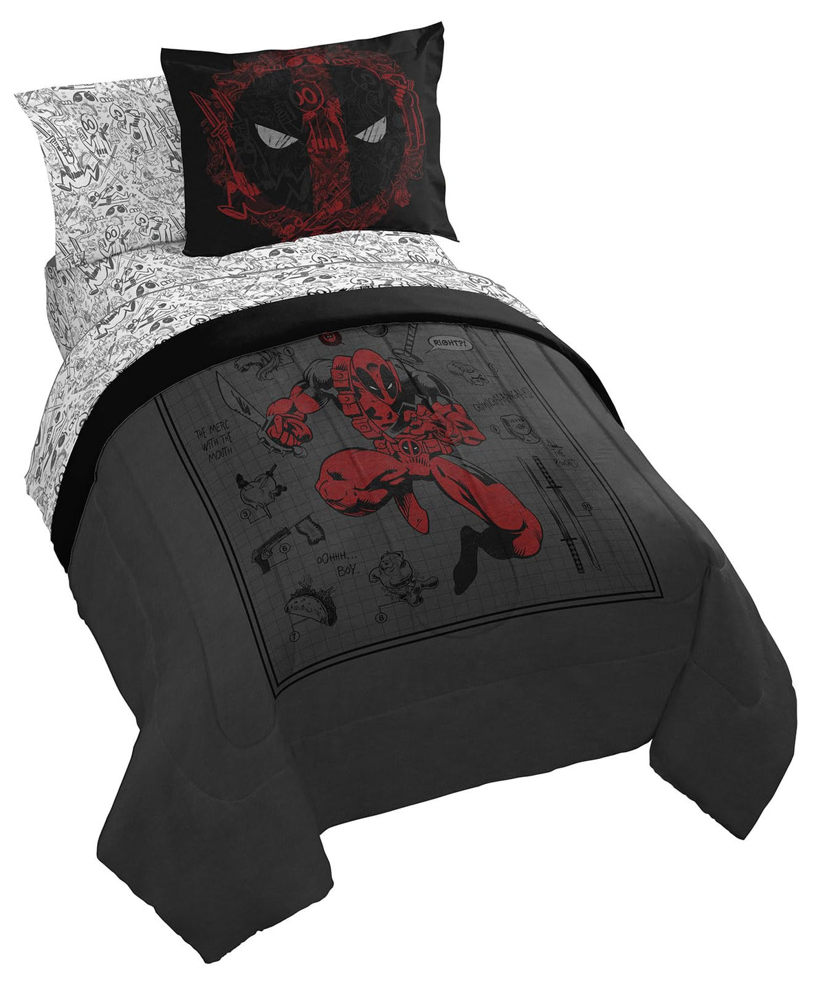 Jay Franco Marvel Deadpool Twin Size Comforter Set - 5 Piece Bedding Includes Sheet Set And Pillow Covers - Gray And Red Super S