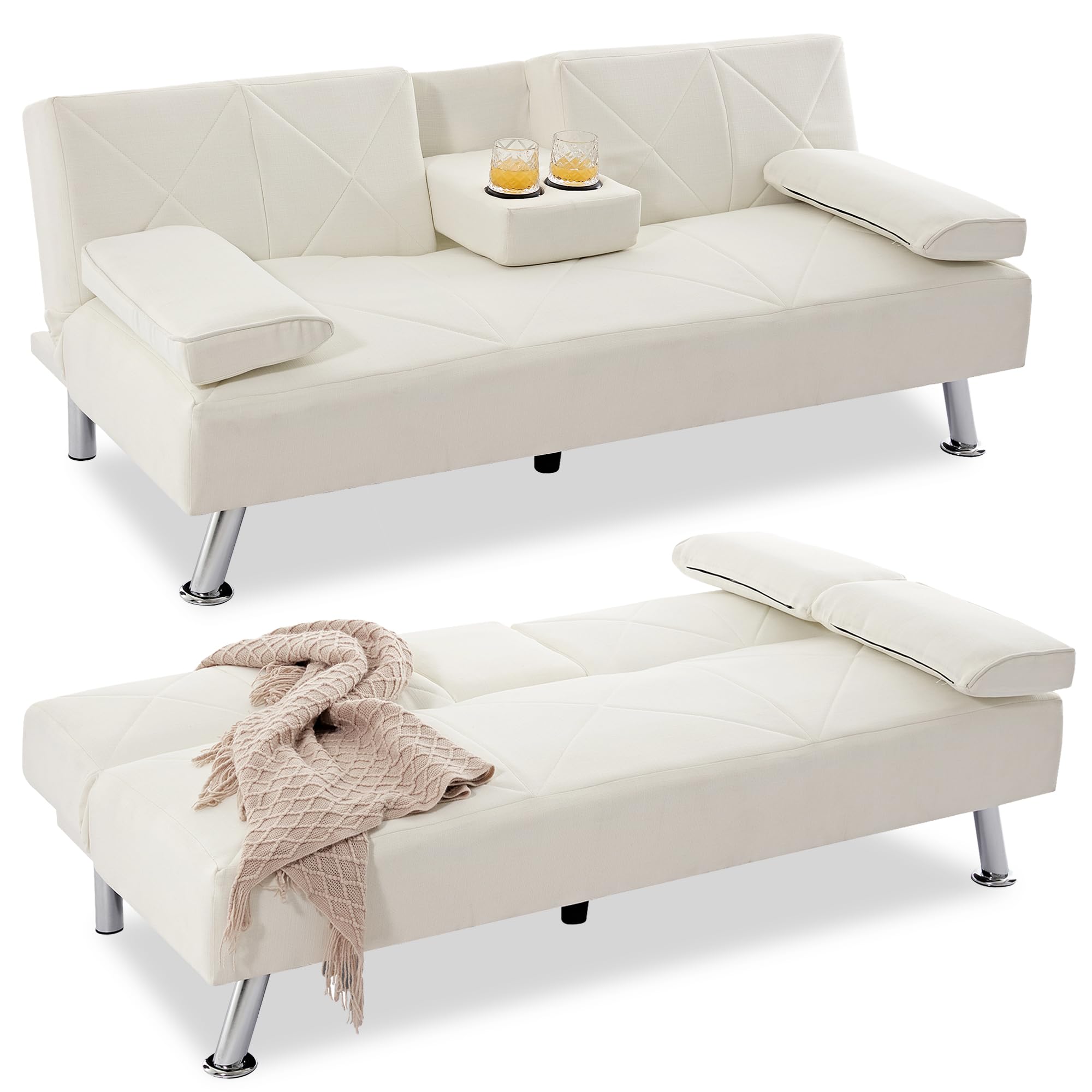 Vecelo Modern Convertible Folding Futon Sofa Bed With Removable Armrests Breathable Linen Recliner Couch For Living Room/Apartme