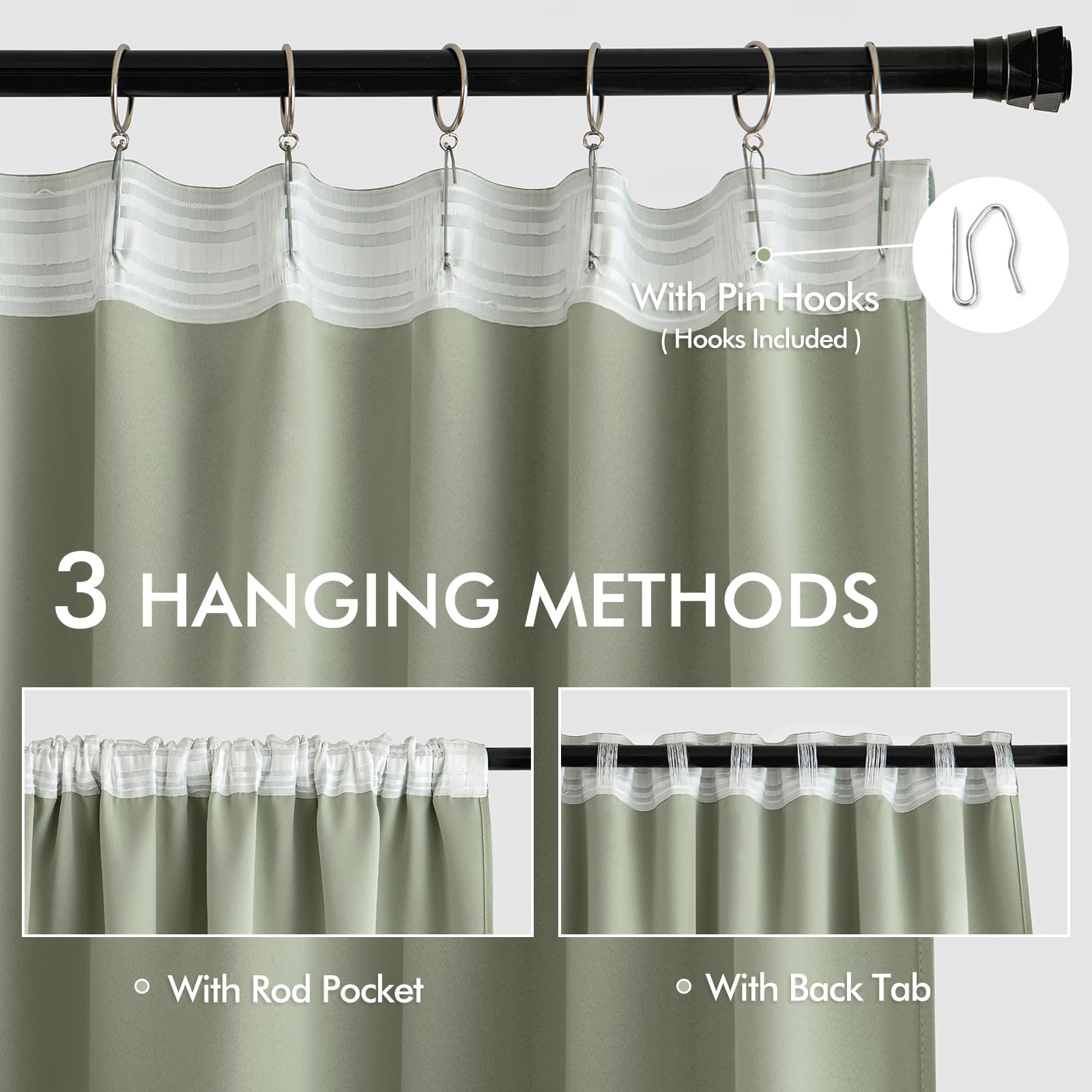 MIULEE Sage Green 96 Back Tab Curtains, 2 Panels, Light Blocking Thermal Insulated Room Darkening Drapes for Living Room/Bedroom