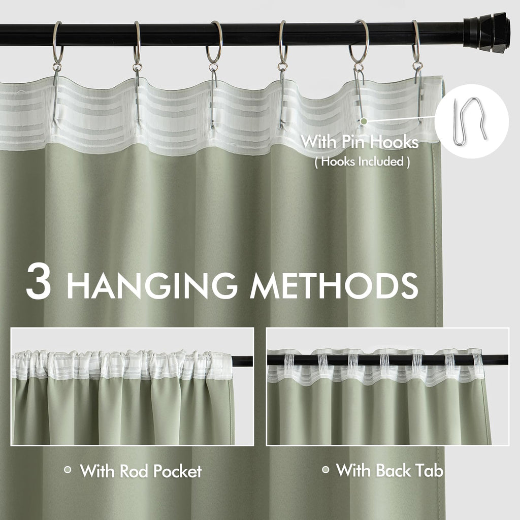 Miulee Back Tab Sage Green Curtains 102 Inch Long 2 Panels Set For Living Room Bedroom, Rod Pocket/Pinch Pleated Light Blocking Thermal Insulated Room Darkening Floor To Ceiling Blackout Drapes