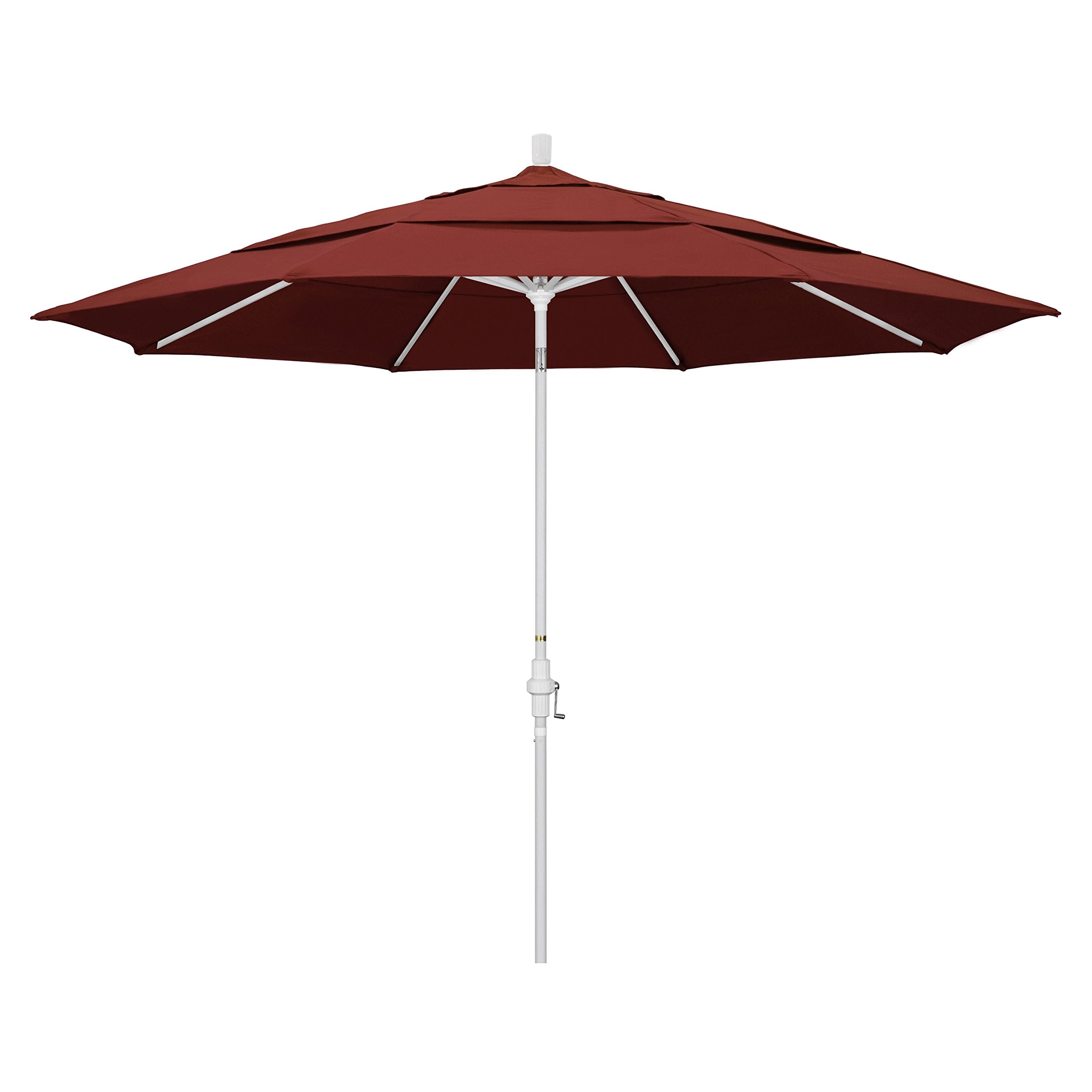 California Umbrella 11' Round Aluminum Market Umbrella, Crank Lift, Collar Tilt, White Pole, Sunbrella Henna