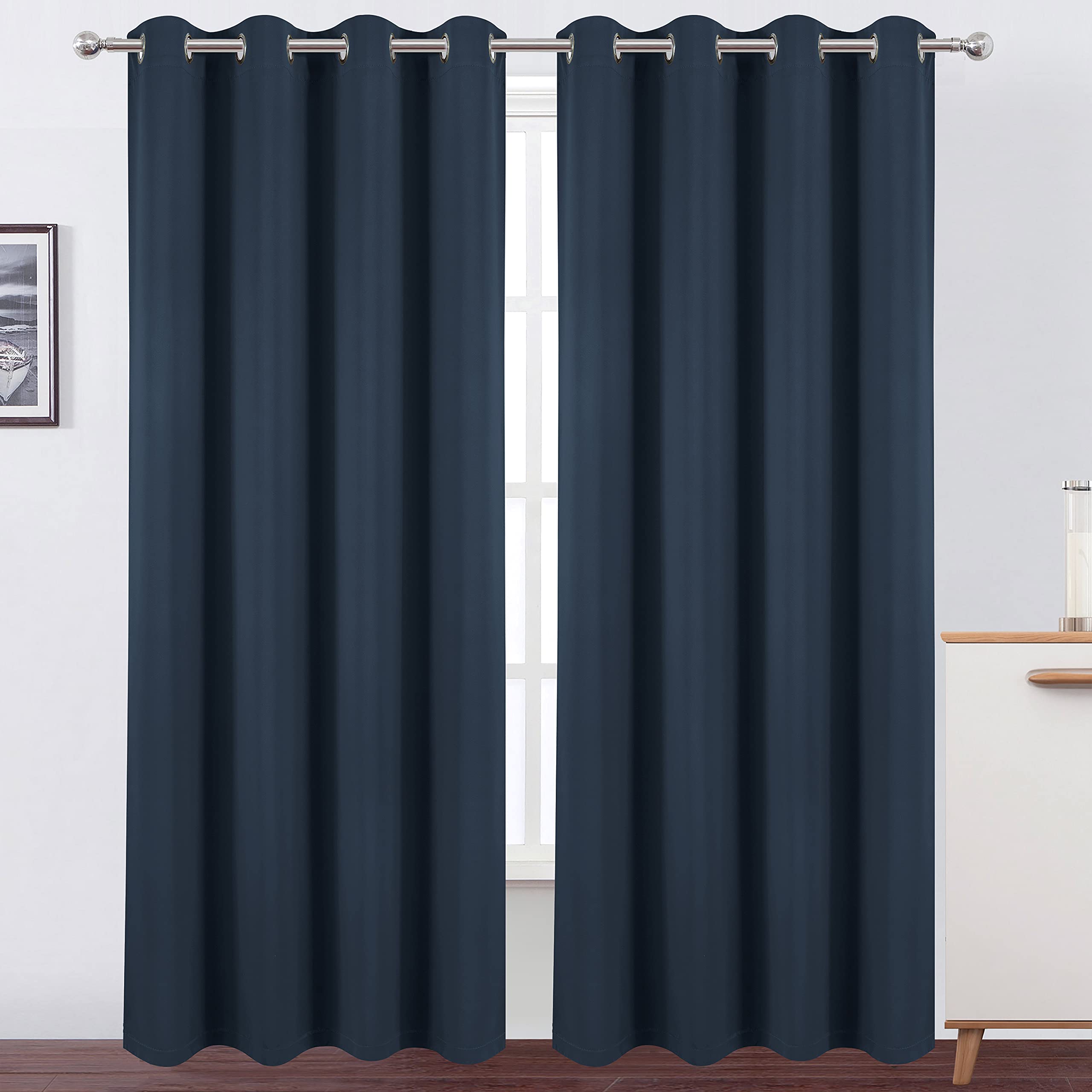 Lemomo 100% Blackout Curtains 52 X 95 Inch/Navy Blue Curtains 2 Panels With Black Lining Room Darkening Thermal Insulated Bedroo