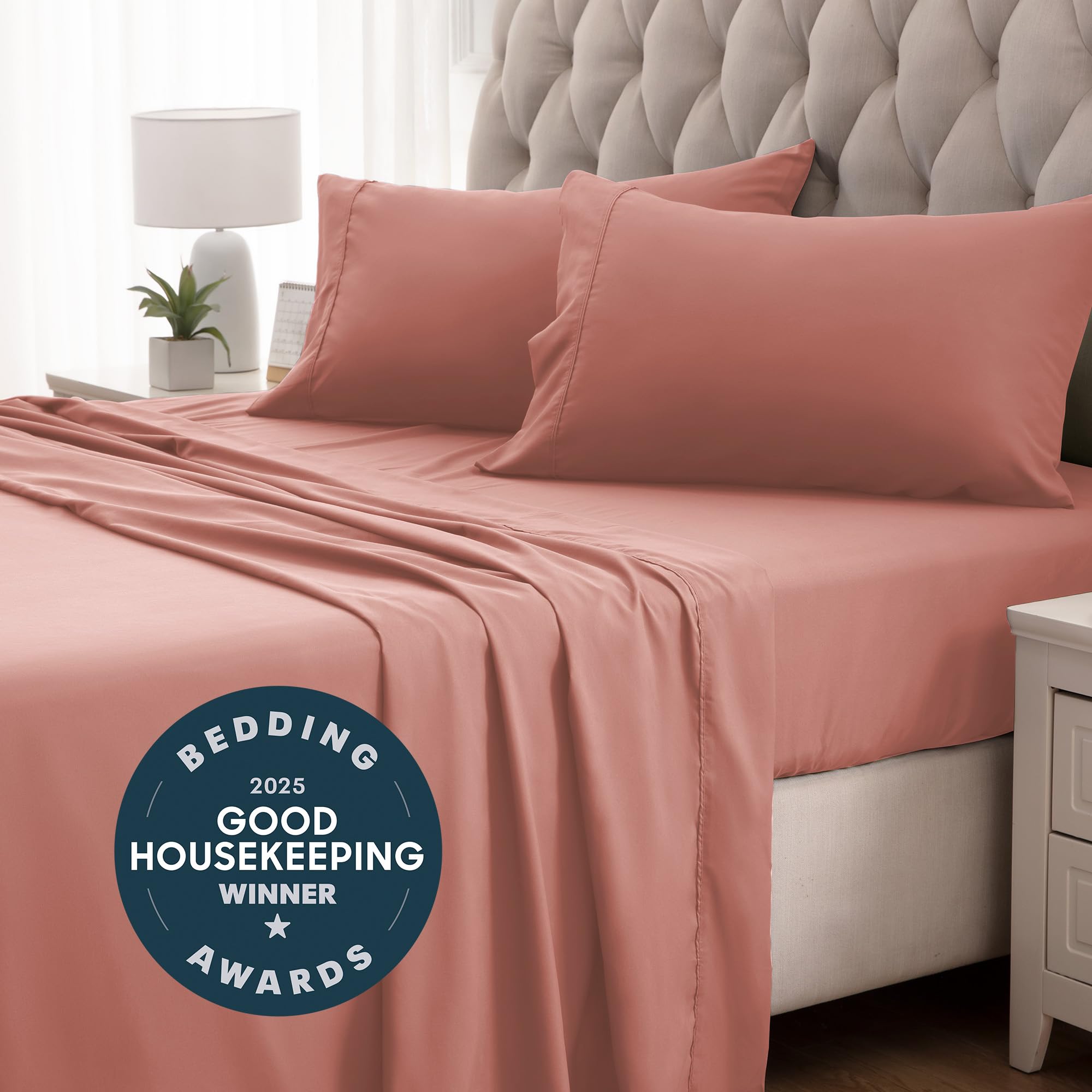 Sleep Zone Nanotex Super Soft Cooling King Bed Sheets Set 4 Piece - Easy Care Fitted Flat Sheet & Pillowcase Sets - Wrinkle Free, Fade Resistant, Deep Pocket 16' (Dull Pink, King)