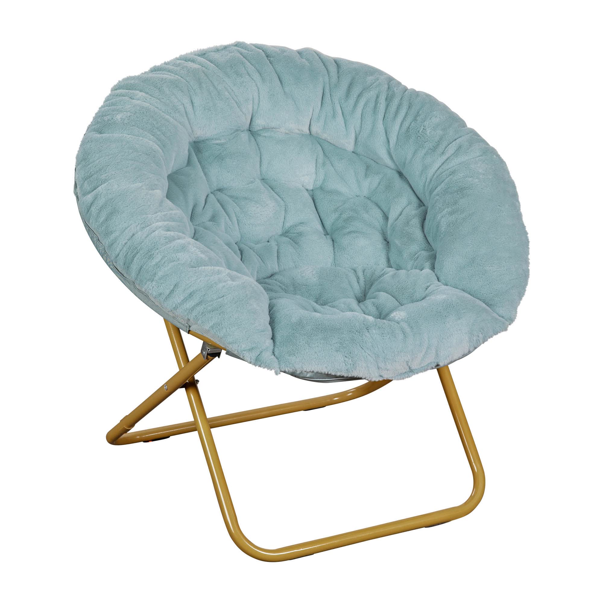 38 Portable Folding Saucer Moon Chair, Dusty Aqua Faux Fur/Soft Gold Frame