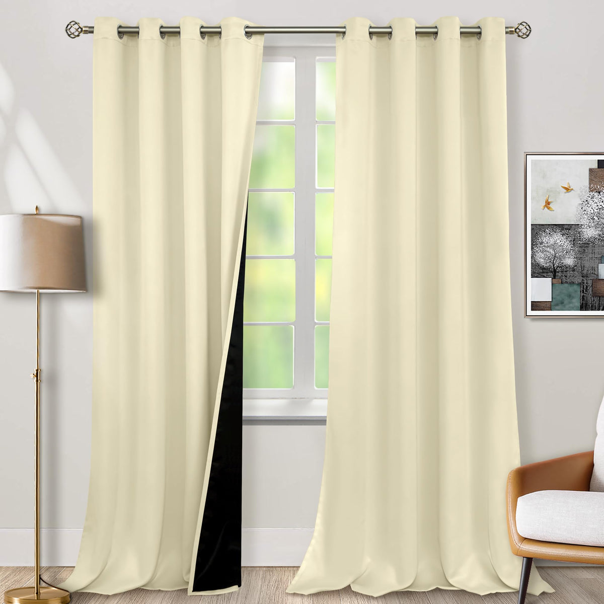Bgment Cream 100% Blackout Curtains For Living Room 95 Inch Length 2 Panels, Thermal Insulated Full Light Blocking Grommet Sound