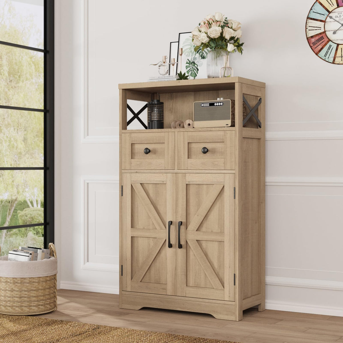 Natural Style Storage Cabinet With Drawers And Shelves, Standing Kitchen Pantry Cabinet, Floor Storage Cabinet Hutch Cupboard, C