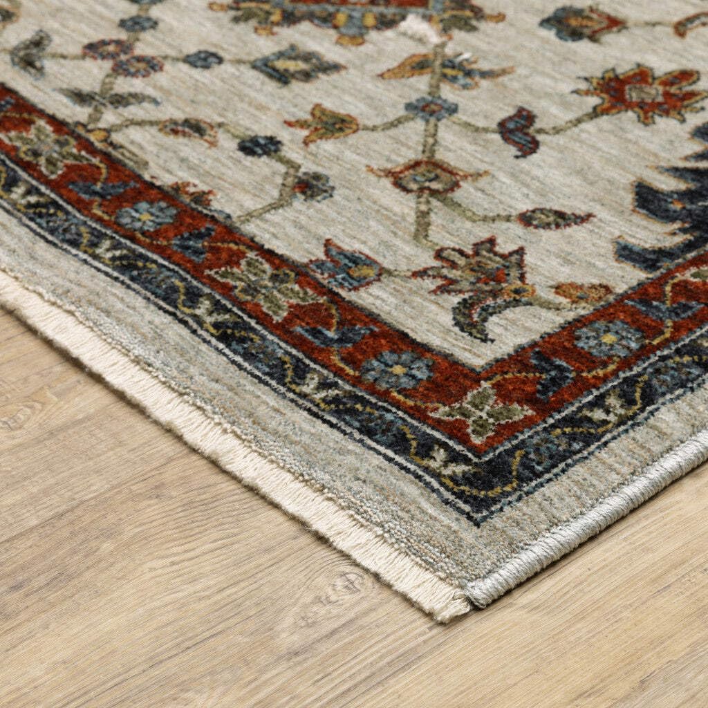 HomeRoots 508030 10 x 13 ft. Beige Rust Red Blue Gold & Gray Oriental Power Loom Stain Resistant Rectangle Area Rug with Fringe