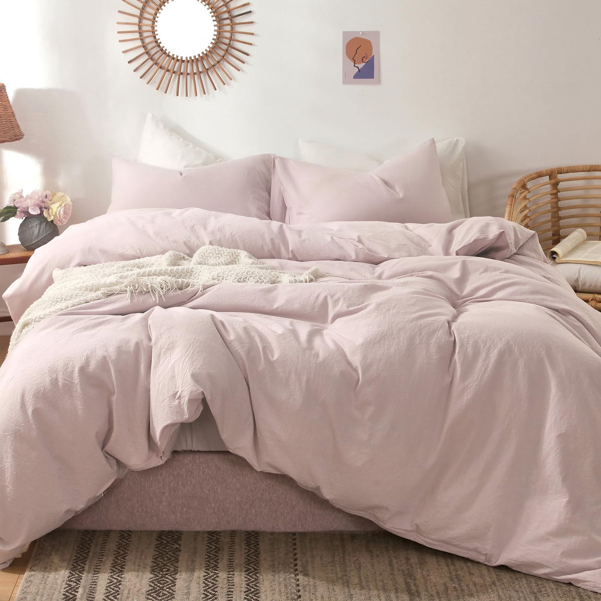 Moomee Bedding Duvet Cover Set 100% Washed Cotton Linen Like Textured Breathable Durable Soft Comfy (Greyish Pink, Oversized Kin