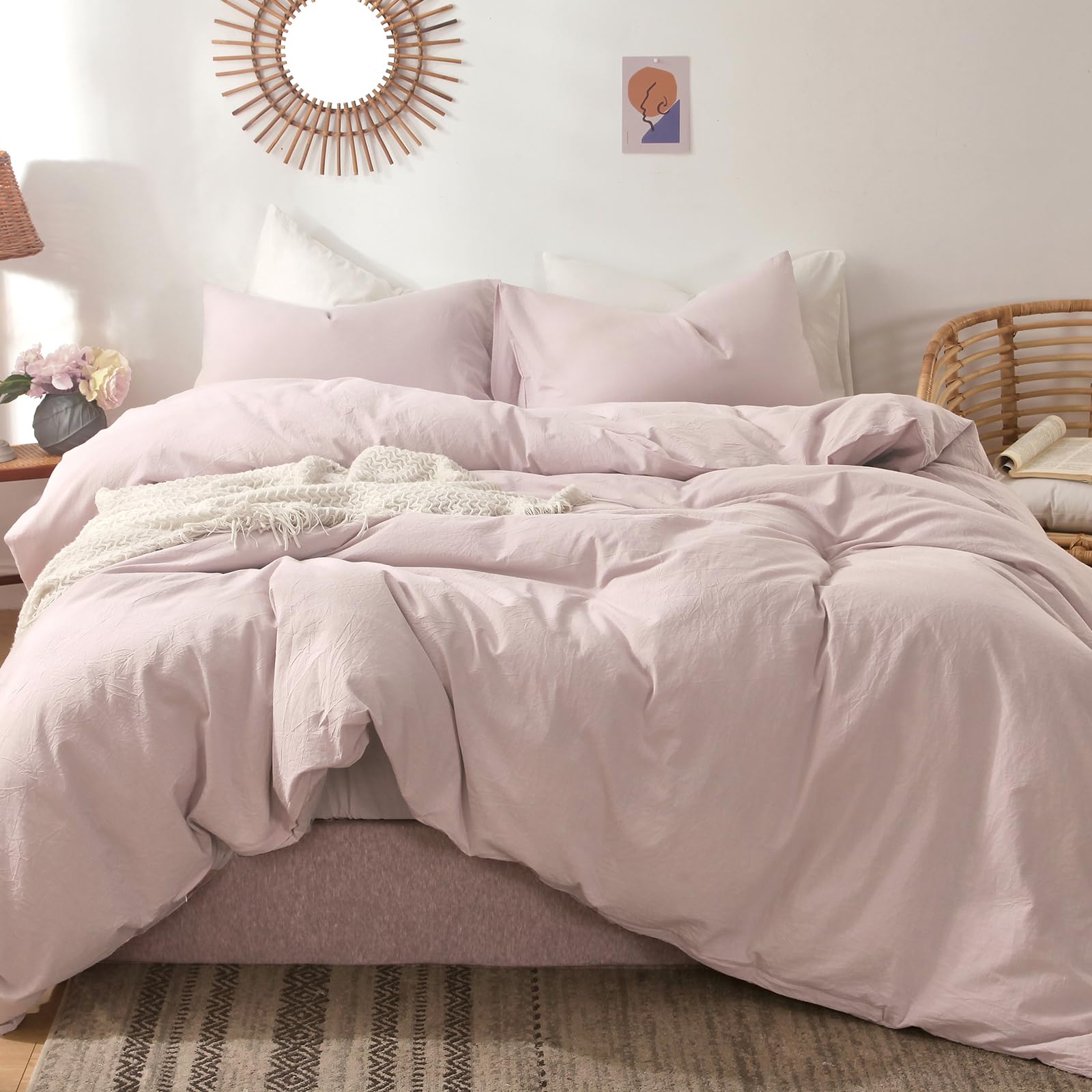 Moomee Bedding Duvet Cover Set 100% Washed Cotton Linen Like Textured Breathable Durable Soft Comfy (Greyish Pink, Cal King)