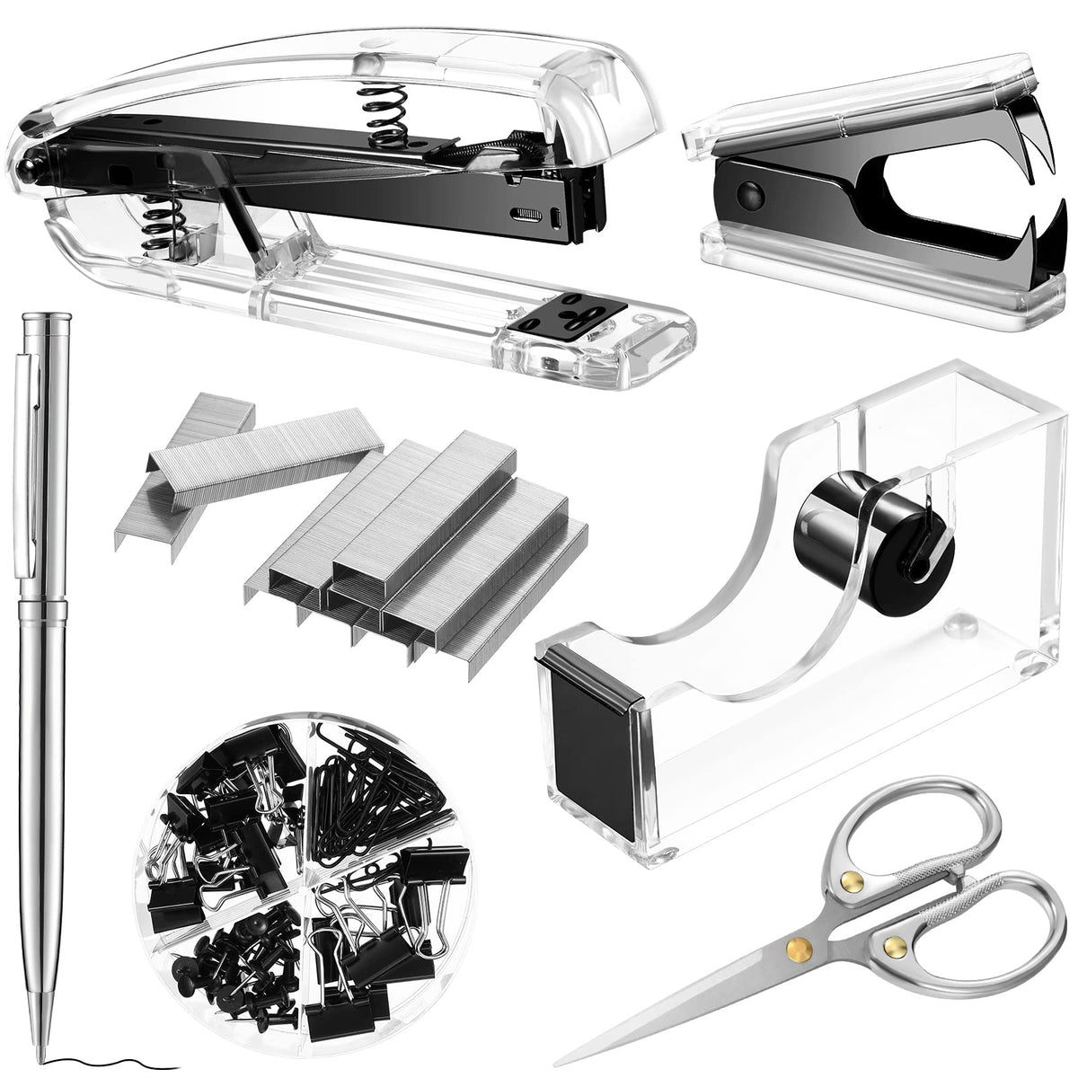 Office Supplies Set Desk Accessory Kit, Acrylic Stapler Set Staple Remover, Tape Dispenser, Binder Clips, Paper Clips, Ballpoint