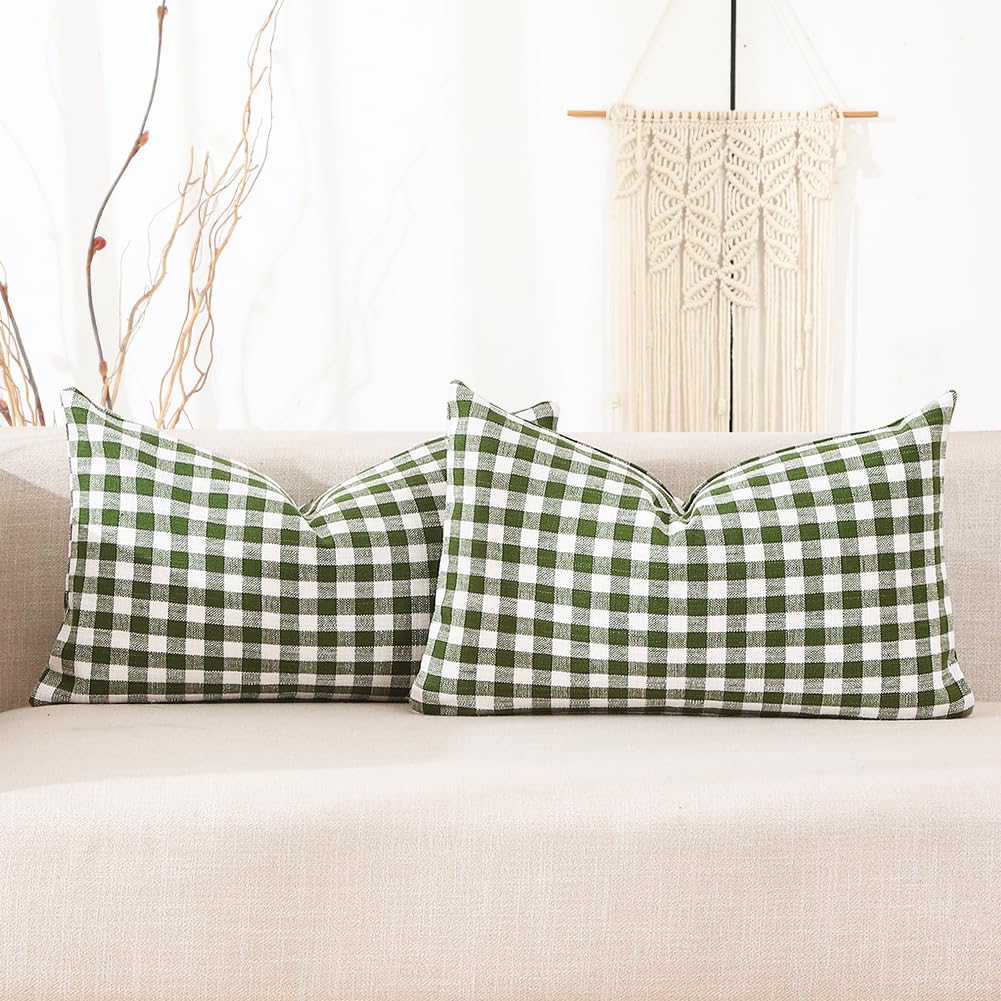 Carrie Home Sage Green Farmhouse Plaid Lumbar Pillow Covers 12X20 Set Of 2, 12 X 20 Spring Outdoor Lumbar Pillows, Green And Whi