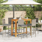 vidaXL 7-Piece Outdoor Patio Bar Set - Gray Acacia & Poly Rattan, Cushioned Stools