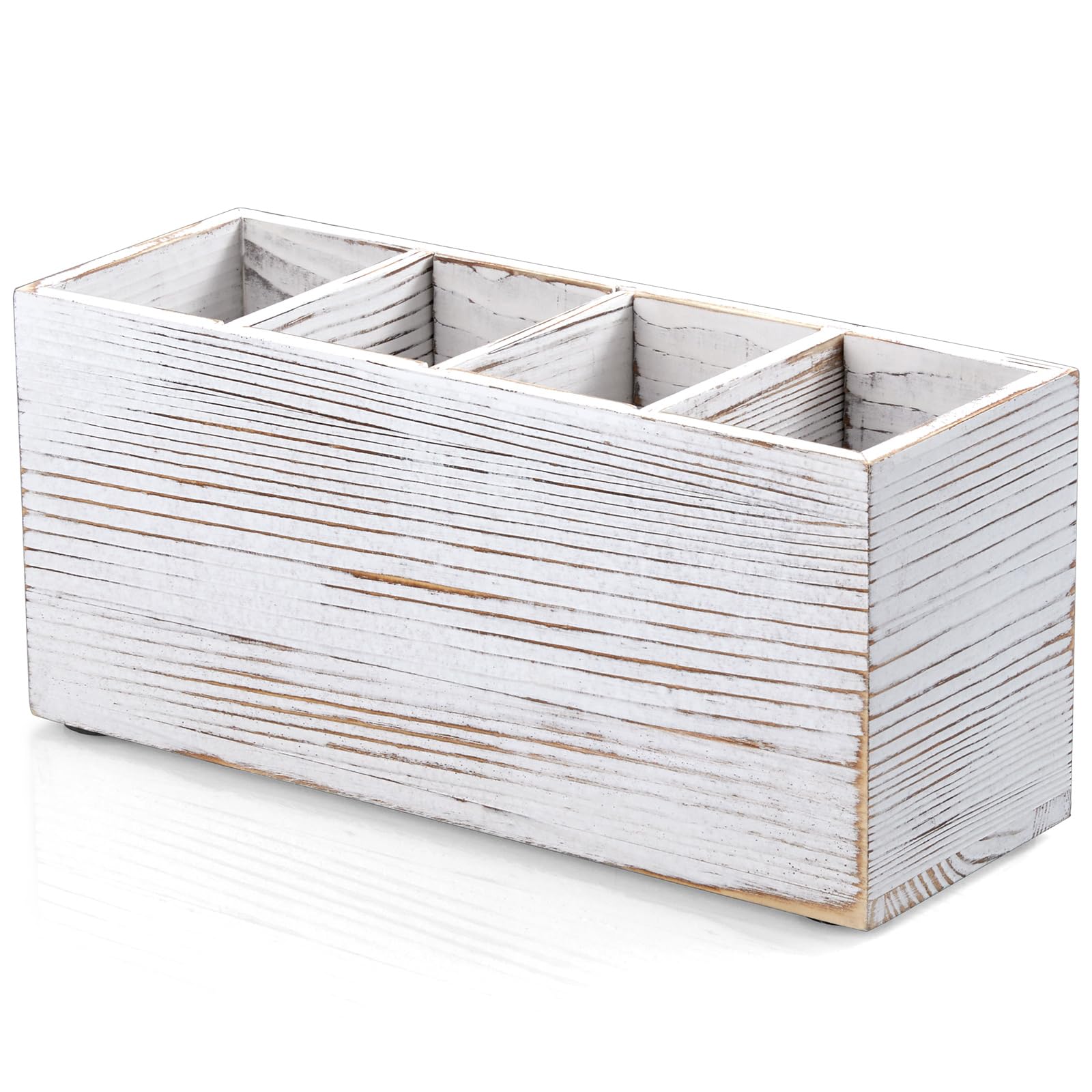 Pencil Pen Holder For Desk, White Washed Wood Office Desk Organizers And Accessories With 4 Slots For Countertop, Makeup Brush H