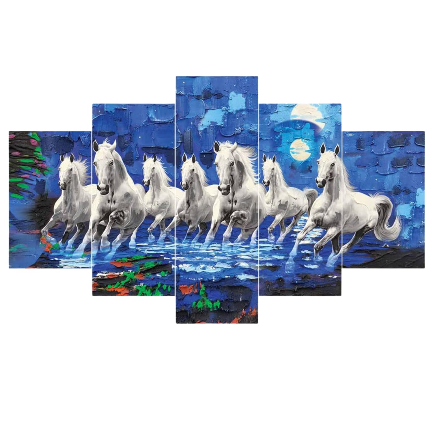 Masstone Horse Painting For Vastu | Seven Horse Vastu Painting (30X17 Inch) | Wall Painting For Living Room 7 Horses Set Of 5 | 