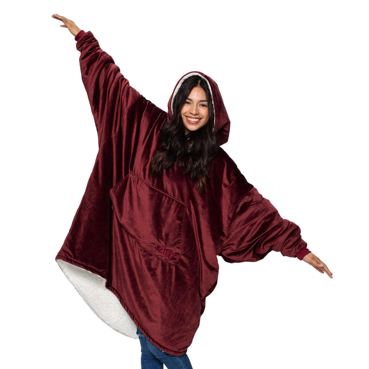 The Comfy Original | Oversized Microfiber & Sherpa Wearable Blanket, Seen On Shark Tank, One Size Fits All (Burgundy)