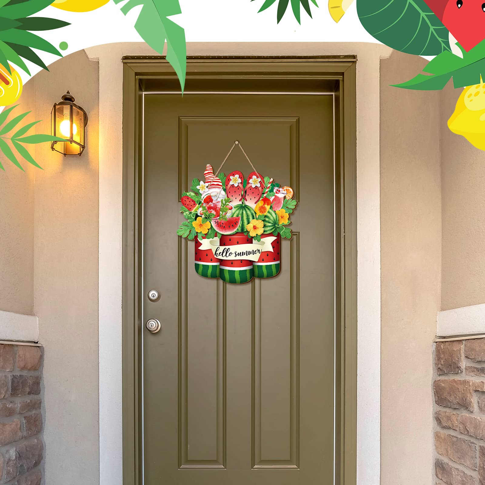 Geetery Hello Summer Watermelon Sign Wooden Watermelon Gnome Welcome Hanging Sign With Ropes Rustic Summer Front Door Hanger Orn
