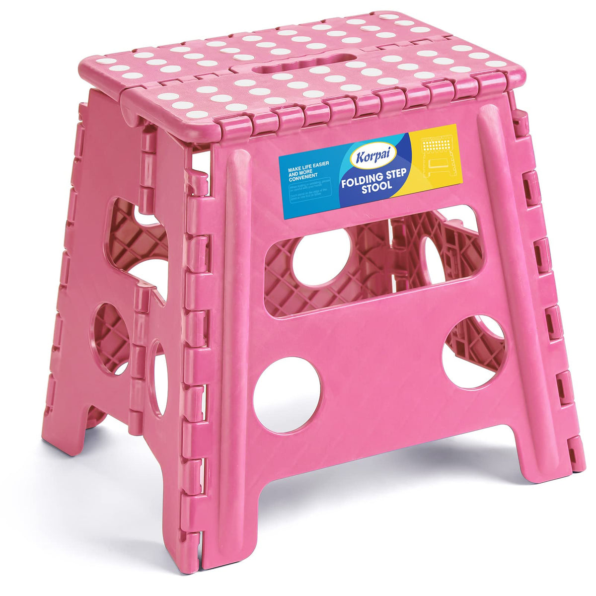 Korpai 13' Folding Step Stool For Adults And Kids Holds Up To 300 Lbs,Non-Slip Folding Stools With Portable Handle, Compact Plastic Foldable Step Stool For Bathroom,Bedroom, Kitchen,Pink,1Pc