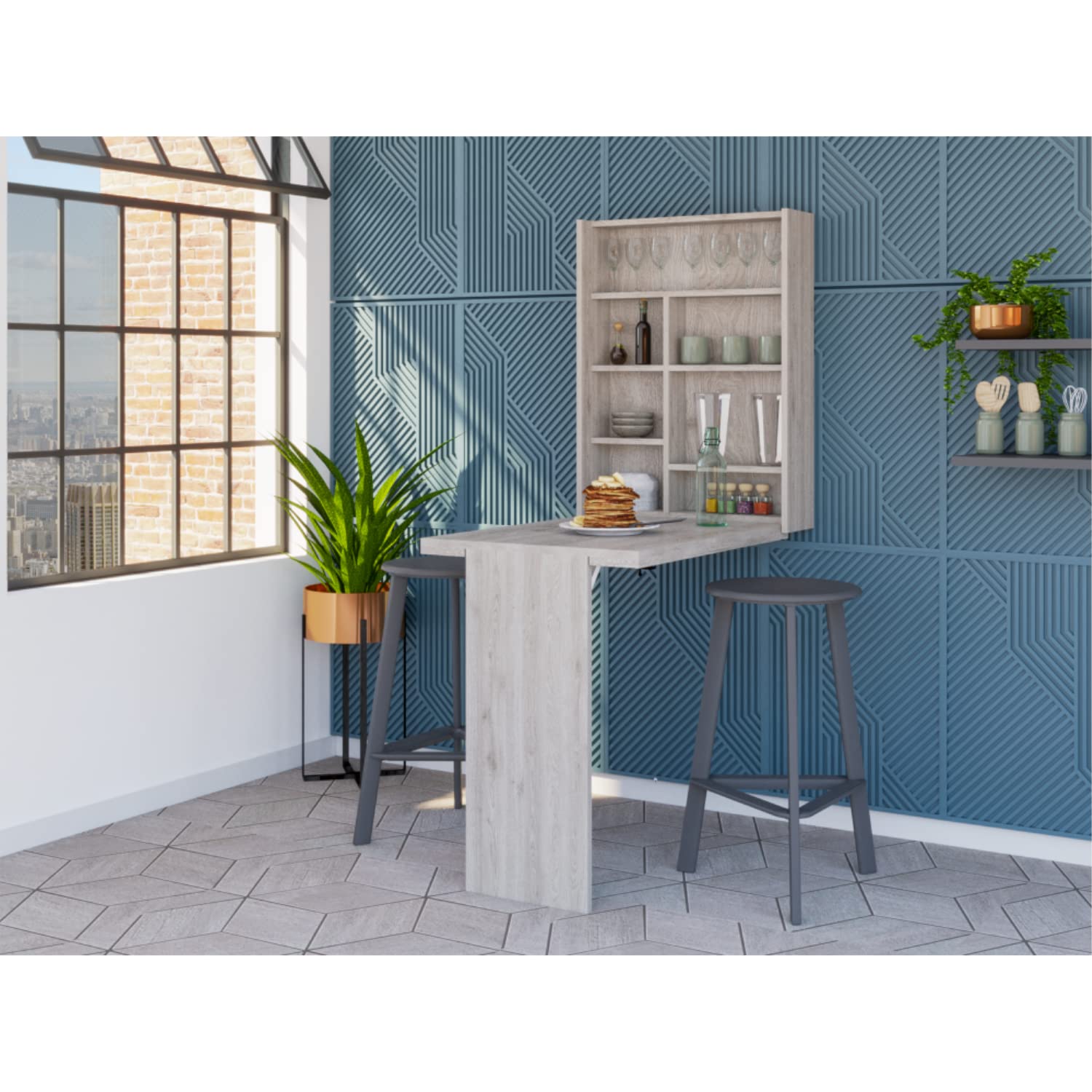DEPOT E-SHOP Toscana Wall Foldable Table with 7 Shelves (Light Gray)