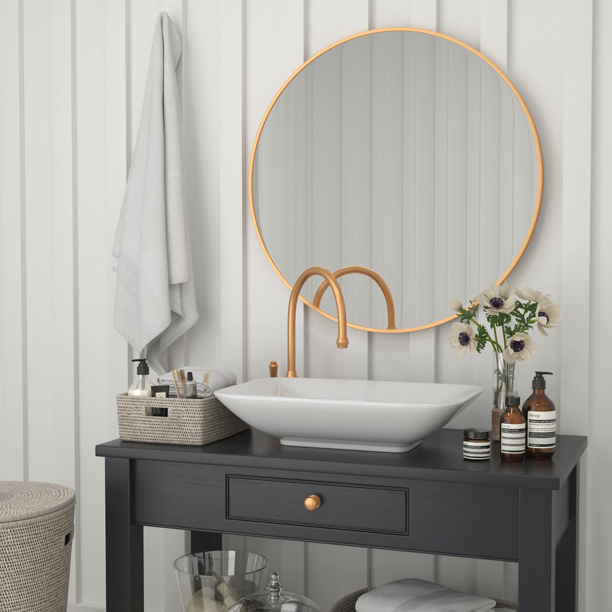 Flash Furniture Large Round Wall Mirror - Gold Circle Accent Mirror - 36&quot; Vanity Mirror - For Bathroom, Vanity, Entryway, Dining Room, & Living Room