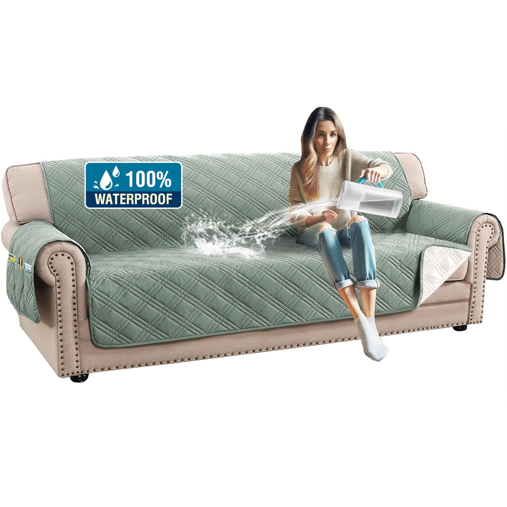 H.Versailtex 100% Waterproof Sofa Covers For 3 Cushion Couch Modern Sofa Cover For Dogs Xl Couch Covers For Oversized Sofa With Elastic Straps (Oversized Sofa, Lily Pad/Beige)