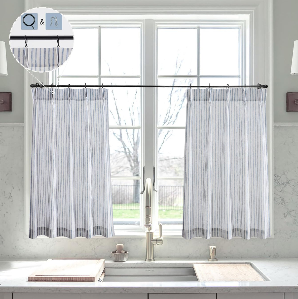 Limon Home Kitchen Curtains 36 Inch Length,Navy Striped Pinch Pleat Curtains,Privacy Dorm Curtains 2 Panels Set,Free Hooks And R