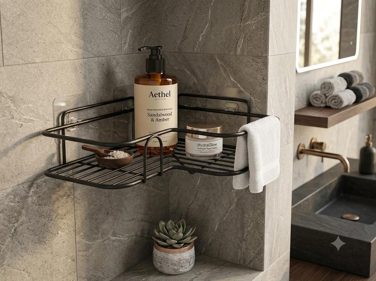 Metal Bathroom Corner Shelf Rack Self Adhesive No Drilling